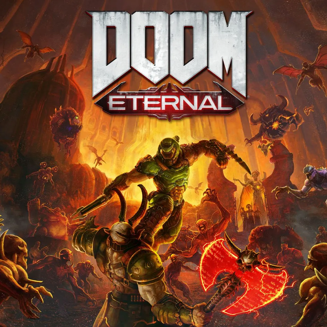 Doom Slayer đang chiến đấu với nhiều quỷ dữ trong môi trường hoang tàn, thể hiện gameplay bắn súng góc nhìn thứ nhất tốc độ cao của DOOM Eternal