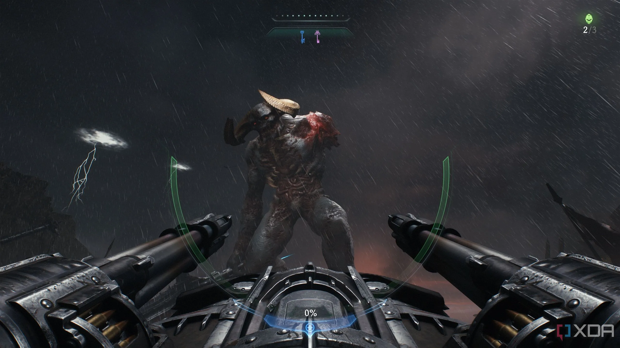 Doom Slayer điều khiển pháo đài, tấn công một titan quỷ khổng lồ trong phân đoạn turret của Doom: The Dark Ages.