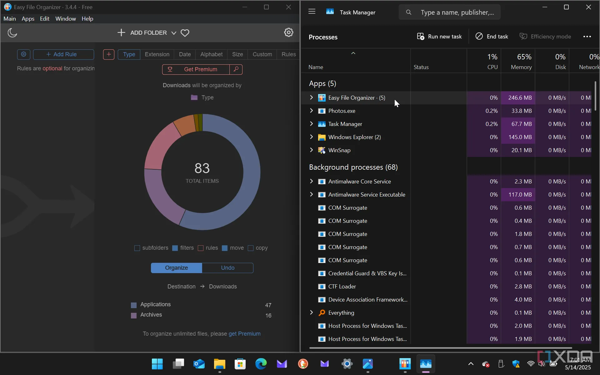 Easy File Organizer đang hoạt động cùng với Task Manager, hiển thị mức tiêu thụ tài nguyên hệ thống thấp của ứng dụng