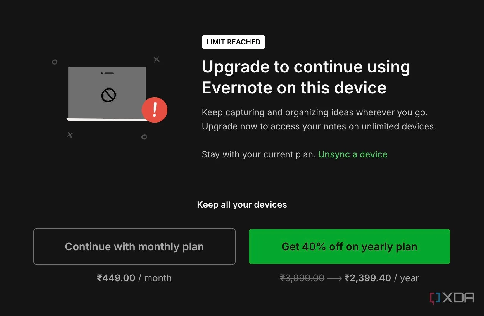 Evernote yêu cầu nâng cấp lên gói trả phí