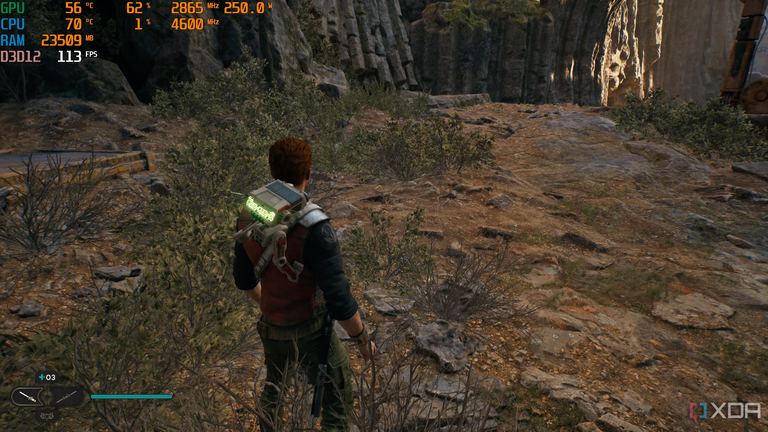 Game Jedi Survivor đang chạy trên PC với công cụ MSI Afterburner hiển thị thông số CPU và GPU, minh họa vấn đề thắt cổ chai CPU