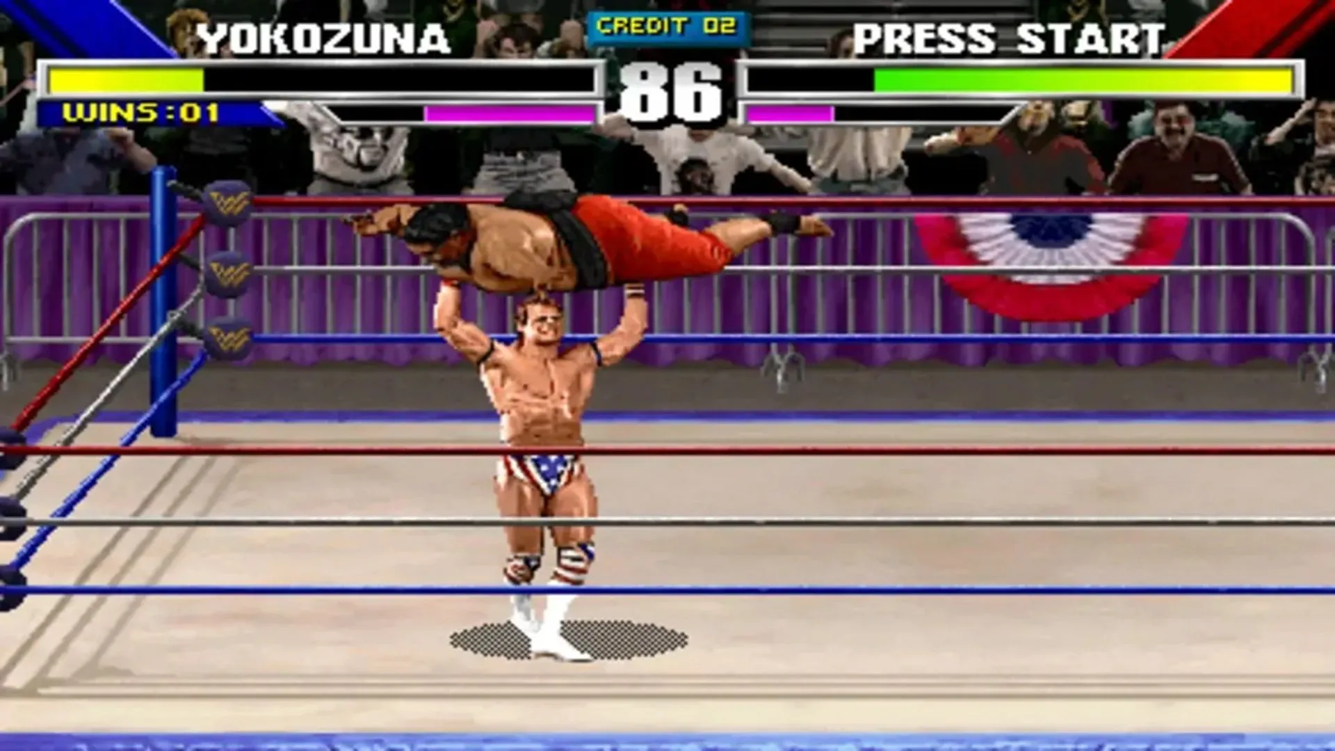 Gameplay đầy kịch tính với Ultimate Warrior trong WWF WrestleMania The Arcade Game với hiệu ứng đặc trưng của game đối kháng Arcade