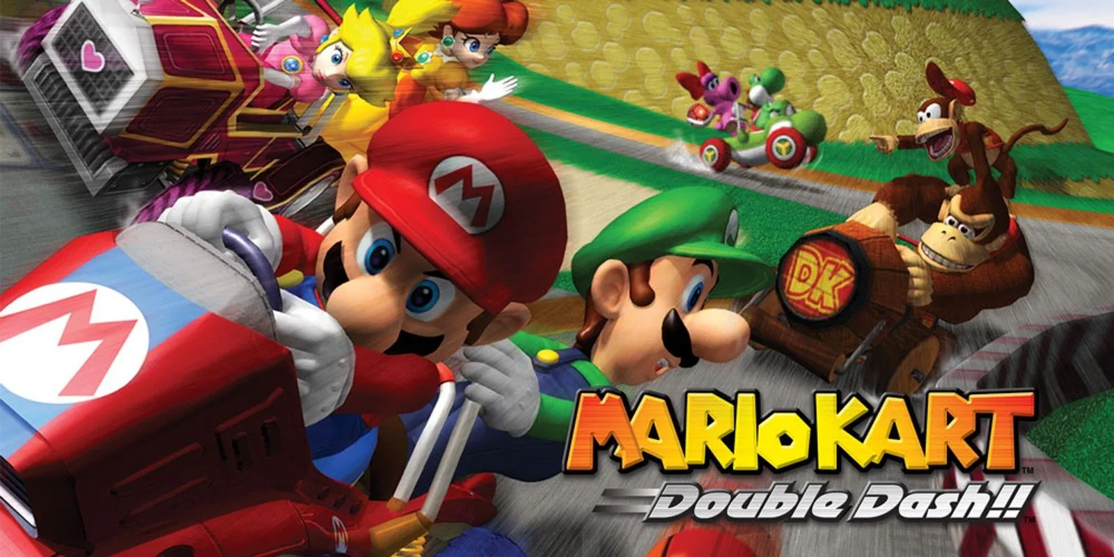 Gameplay sôi động của Mario Kart: Double Dash!! với hai nhân vật trên một xe đua
