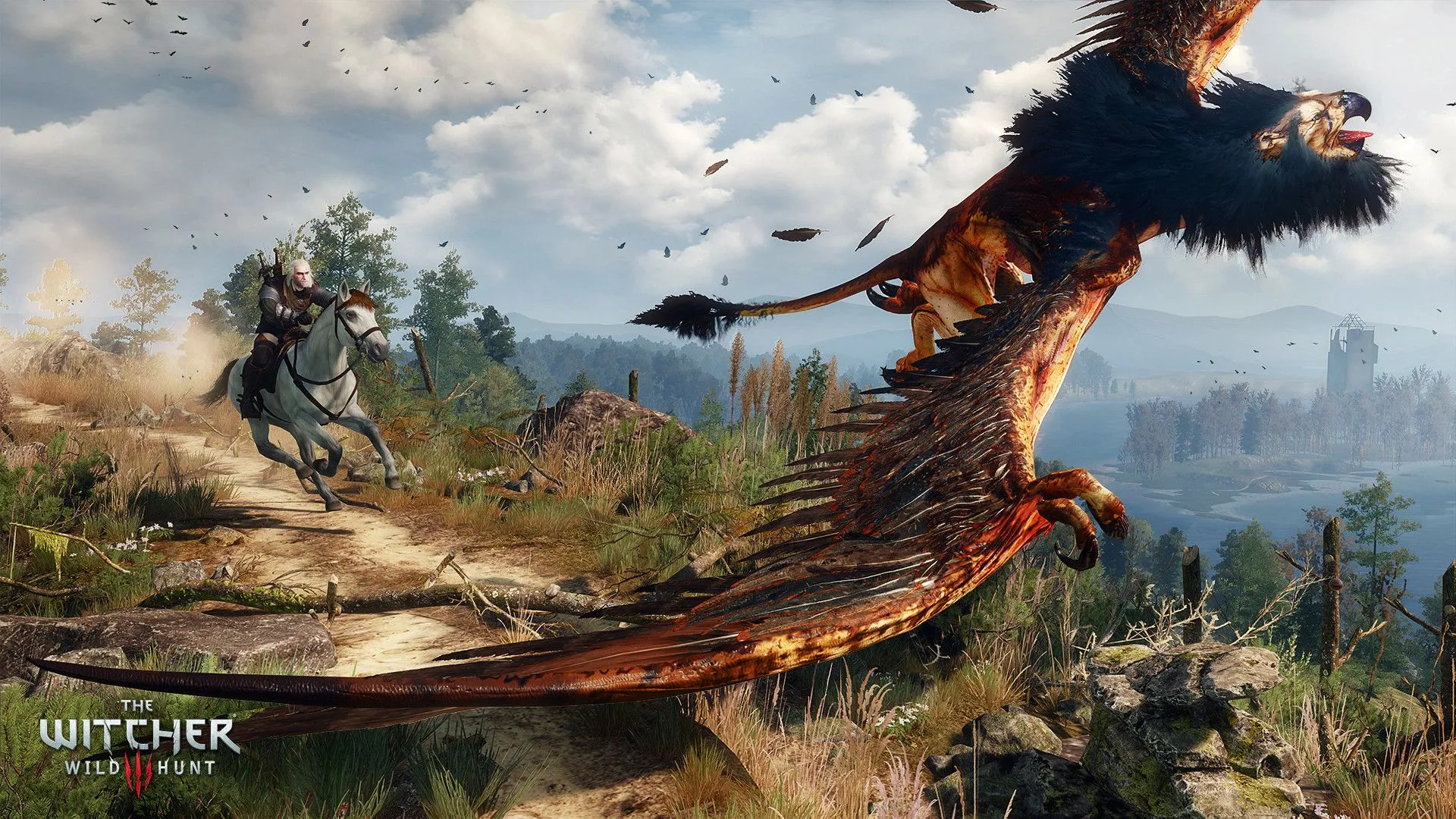Geralt xứ Rivia đối đầu với quái vật trong thế giới mở rộng lớn của The Witcher 3: Wild Hunt.