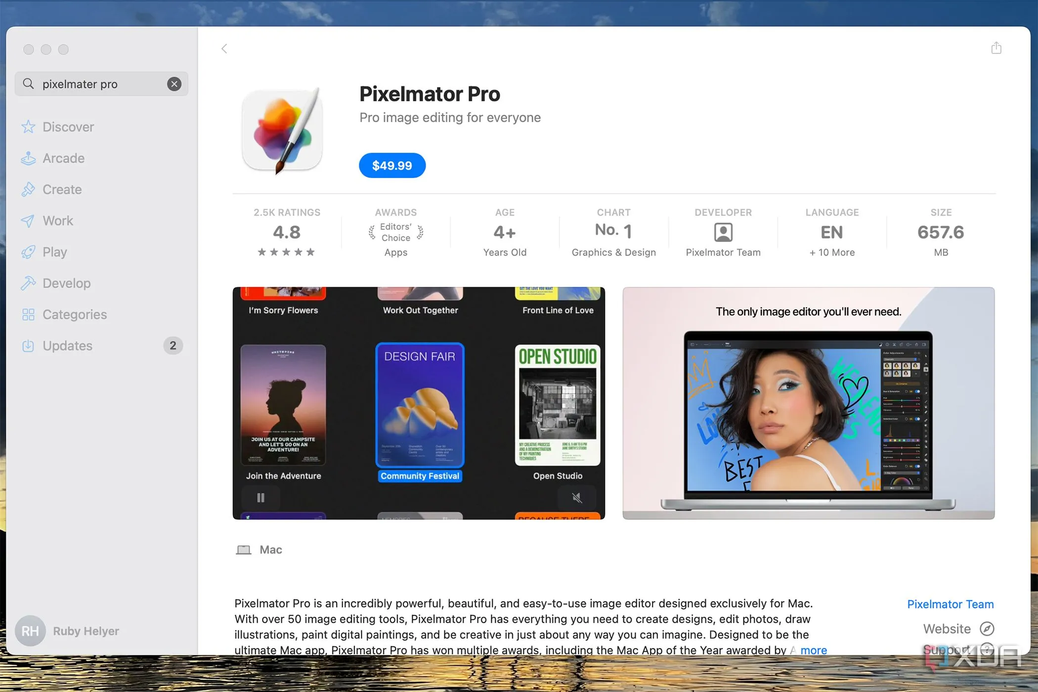 Giá Pixelmator Pro trên Apple App Store, hiển thị mức phí mua một lần thay vì gói đăng ký hàng tháng như Adobe Photoshop