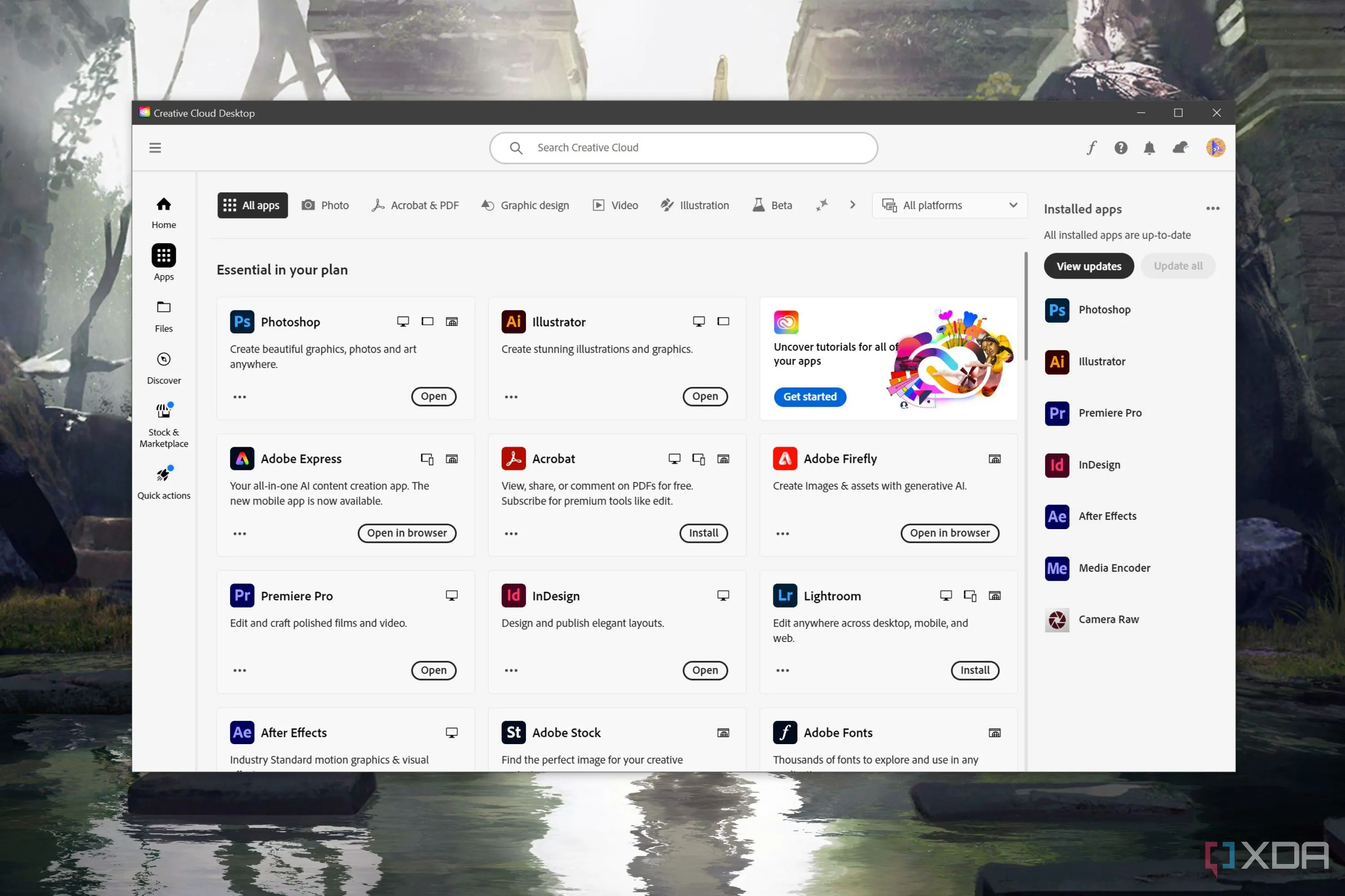 Giao diện Adobe Creative Cloud với các biểu tượng ứng dụng và bảng điều khiển
