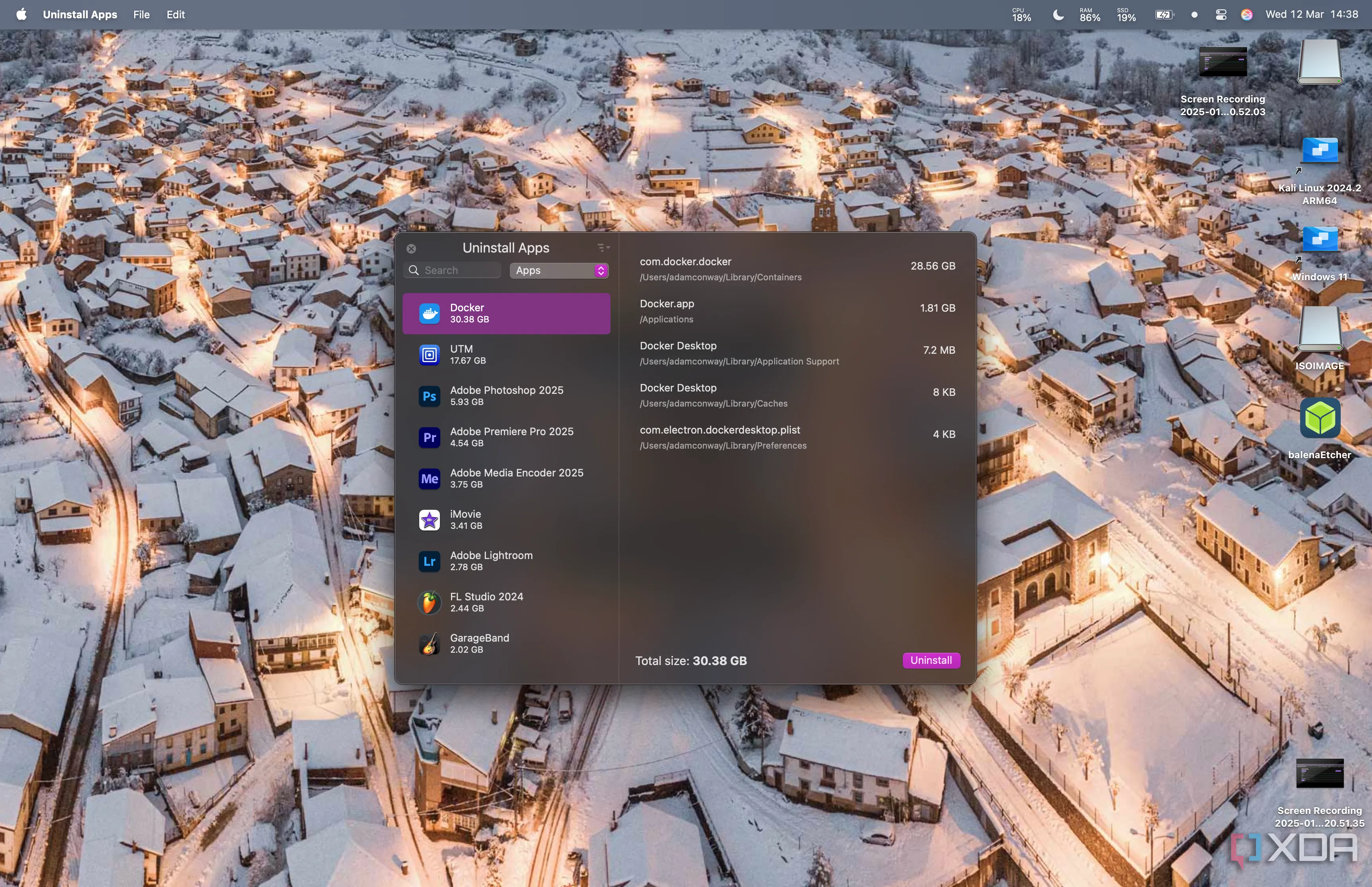 Giao diện App Uninstaller của Parallels Toolbox hiển thị danh sách các ứng dụng đã cài đặt và dung lượng chúng chiếm dụng