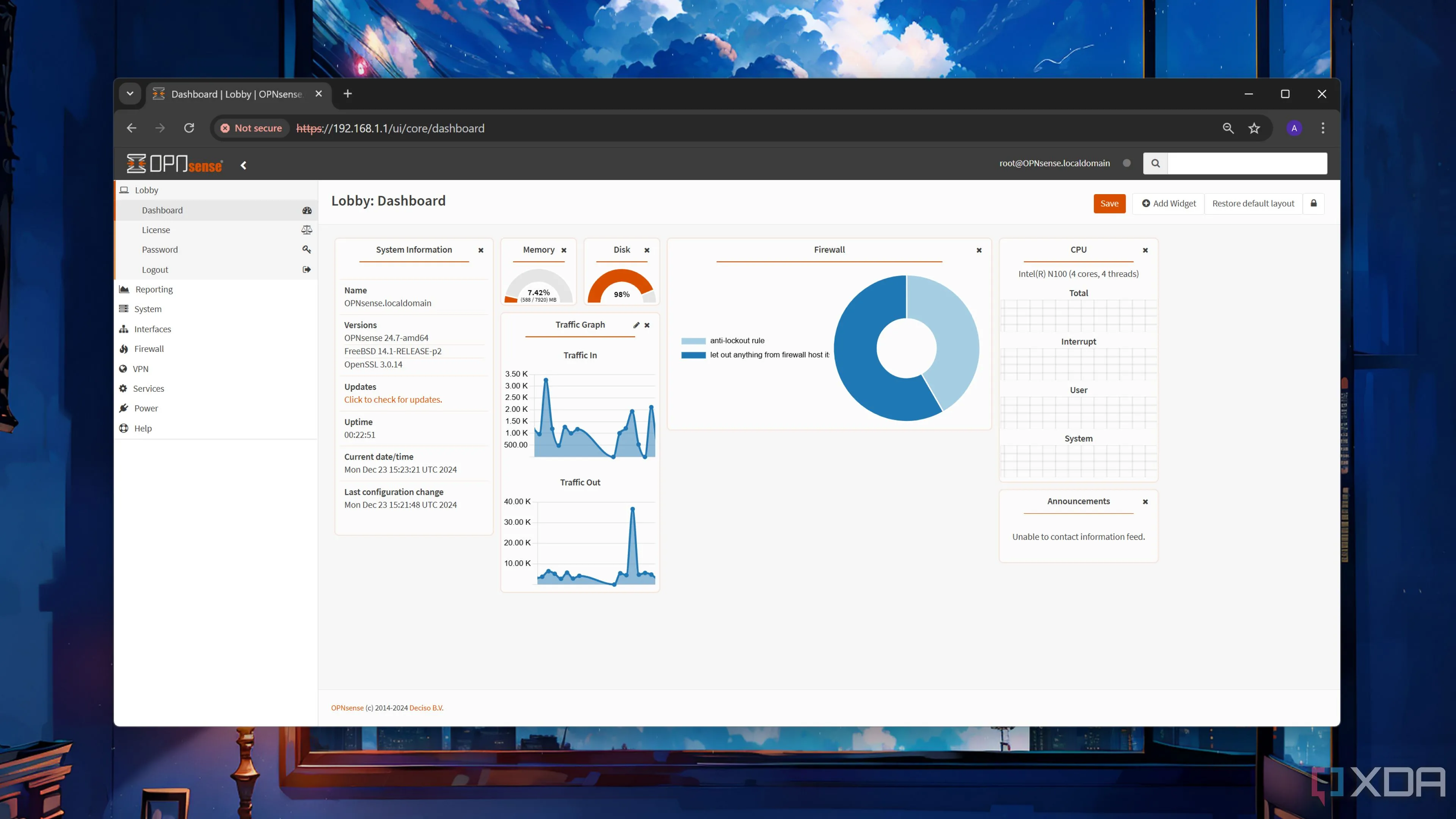 Giao diện bảng điều khiển (Dashboard) của OPNsense sau khi tối ưu hiệu suất kết nối