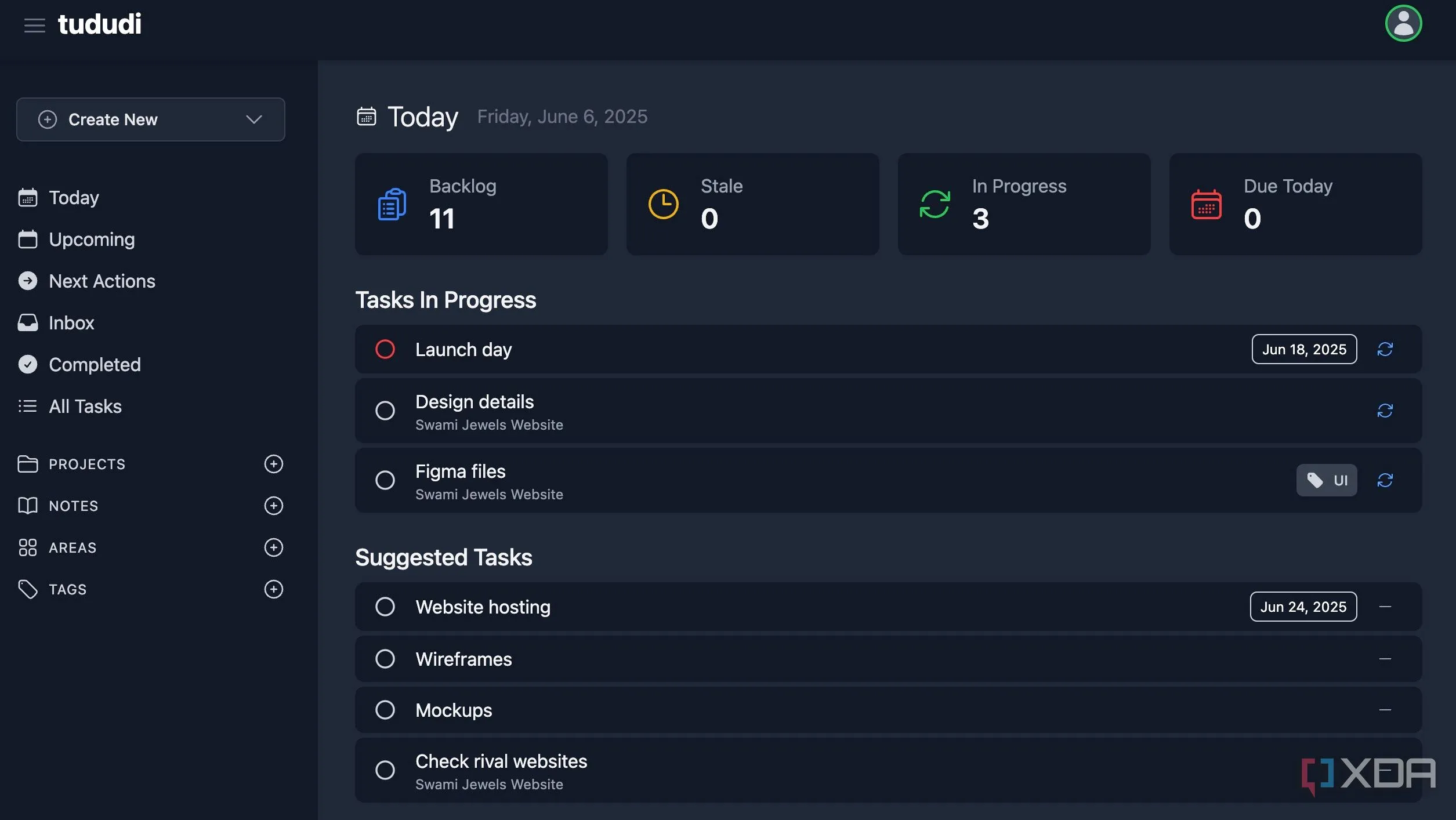 Giao diện bảng điều khiển (dashboard) trực quan của ứng dụng quản lý tác vụ Tududi hiển thị các công việc cần ưu tiên