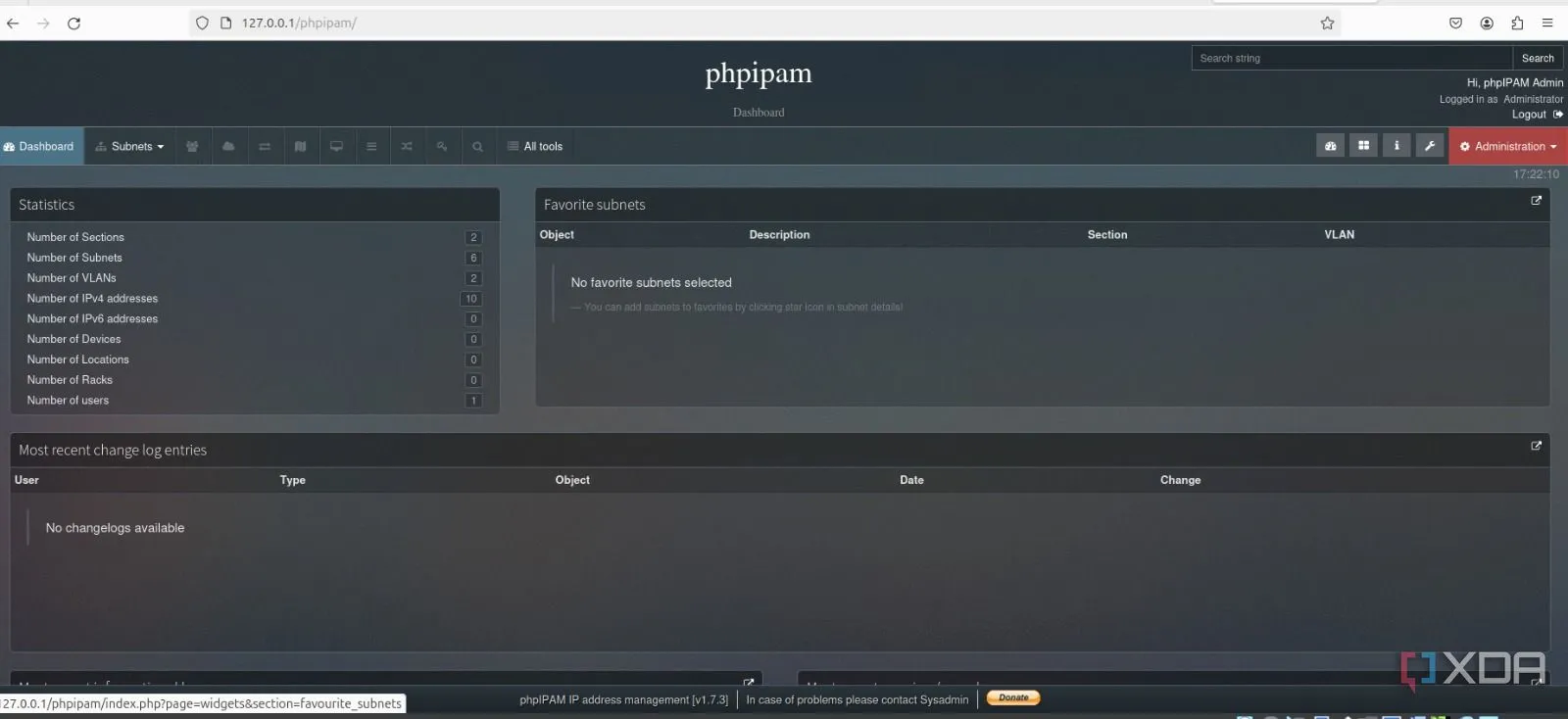 Giao diện bảng điều khiển phpIPAM hiển thị các widget tùy chỉnh về thống kê mạng, IP và thiết bị