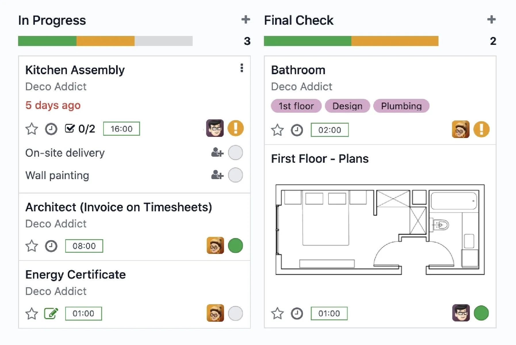 Giao diện bảng Kanban trong ứng dụng quản lý dự án Odoo