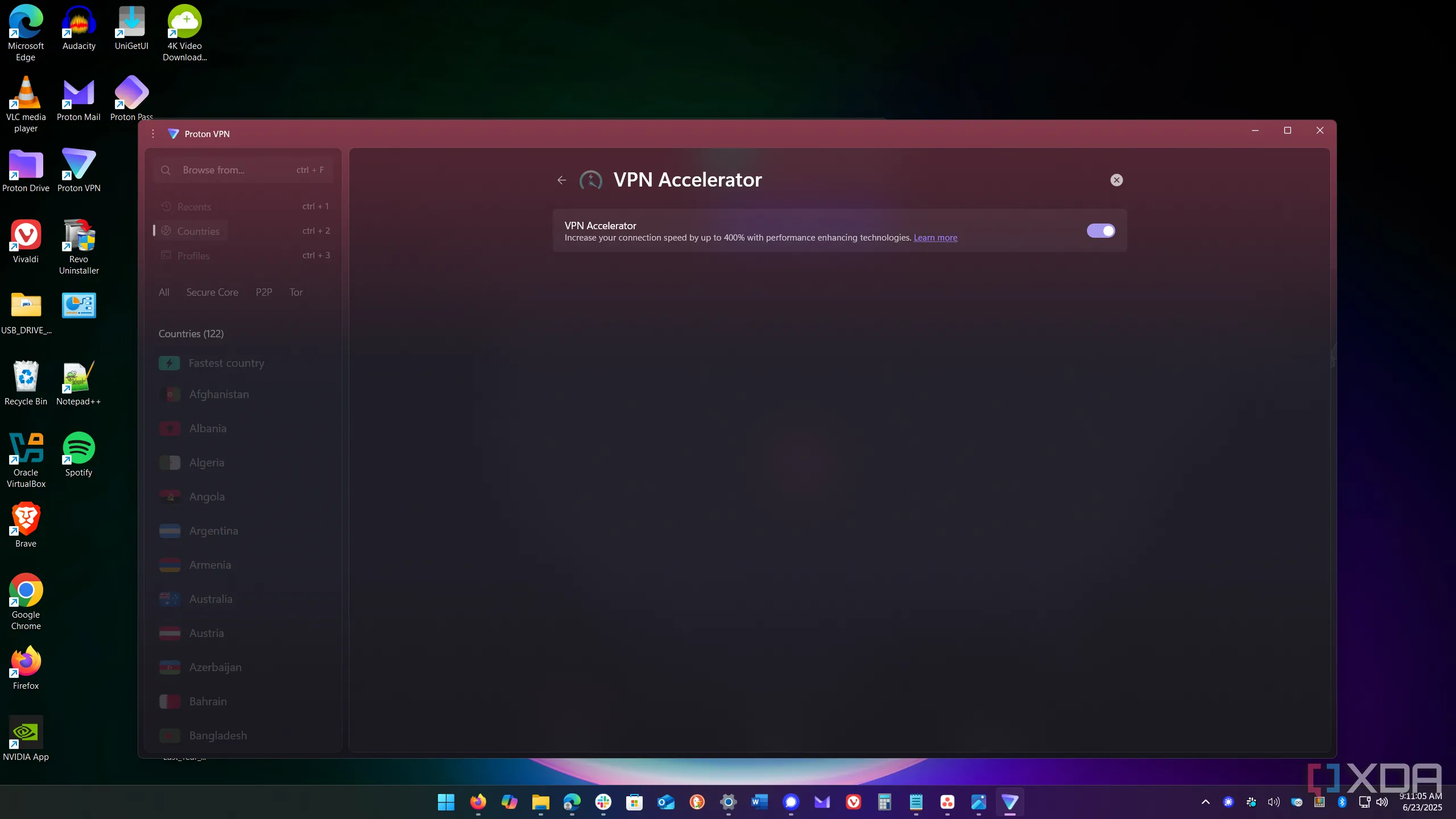 Giao diện bật/tắt tính năng VPN Accelerator trong cài đặt Proton VPN, giúp tăng tốc độ kết nối.