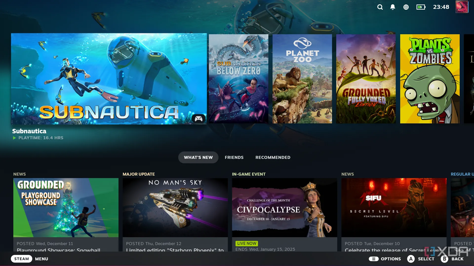 Giao diện Big Picture Mode của Steam, được tối ưu cho trải nghiệm chơi game trên TV bằng tay cầm.