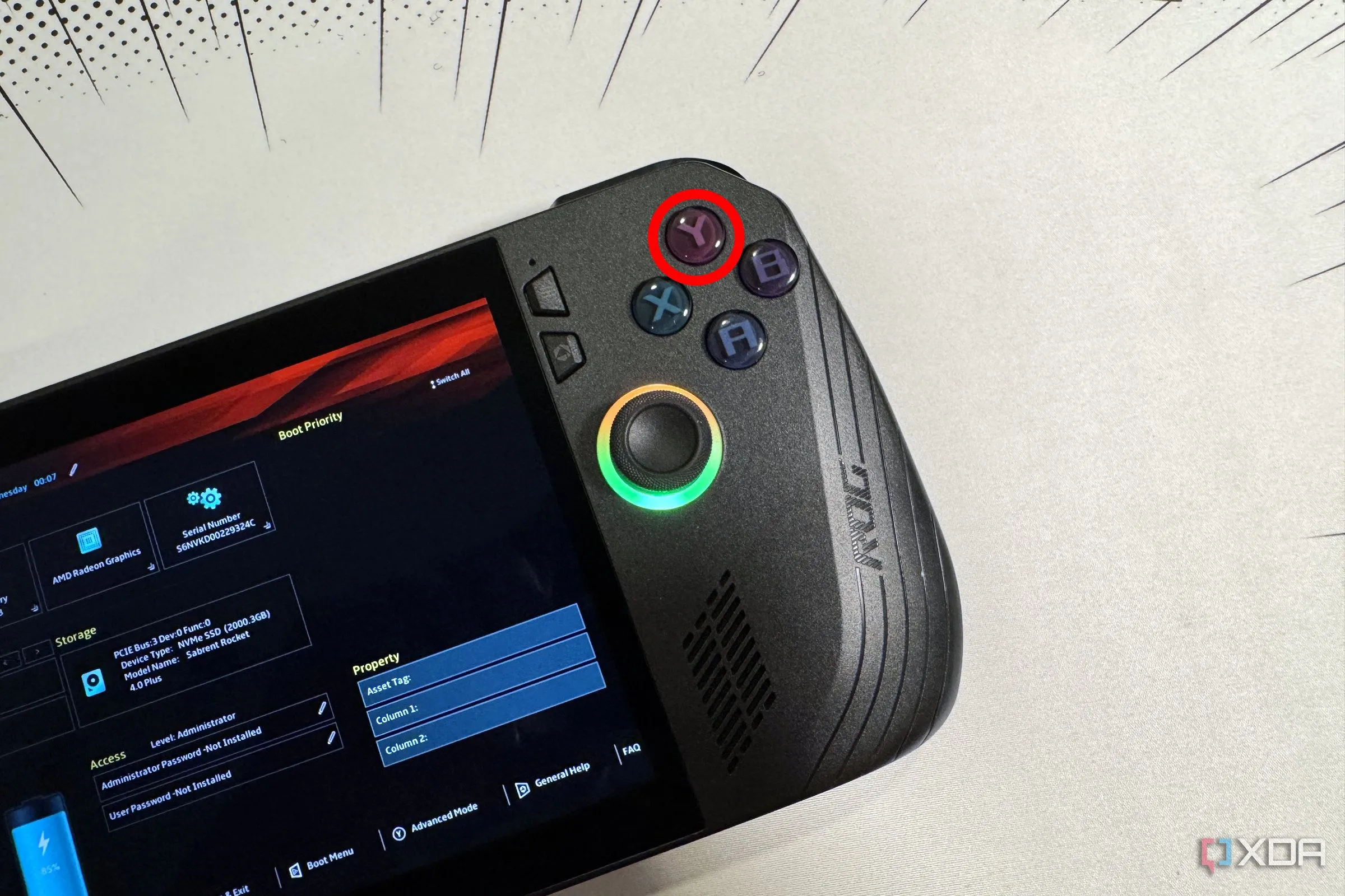Giao diện BIOS của ROG Ally X với nút Y được làm nổi bật