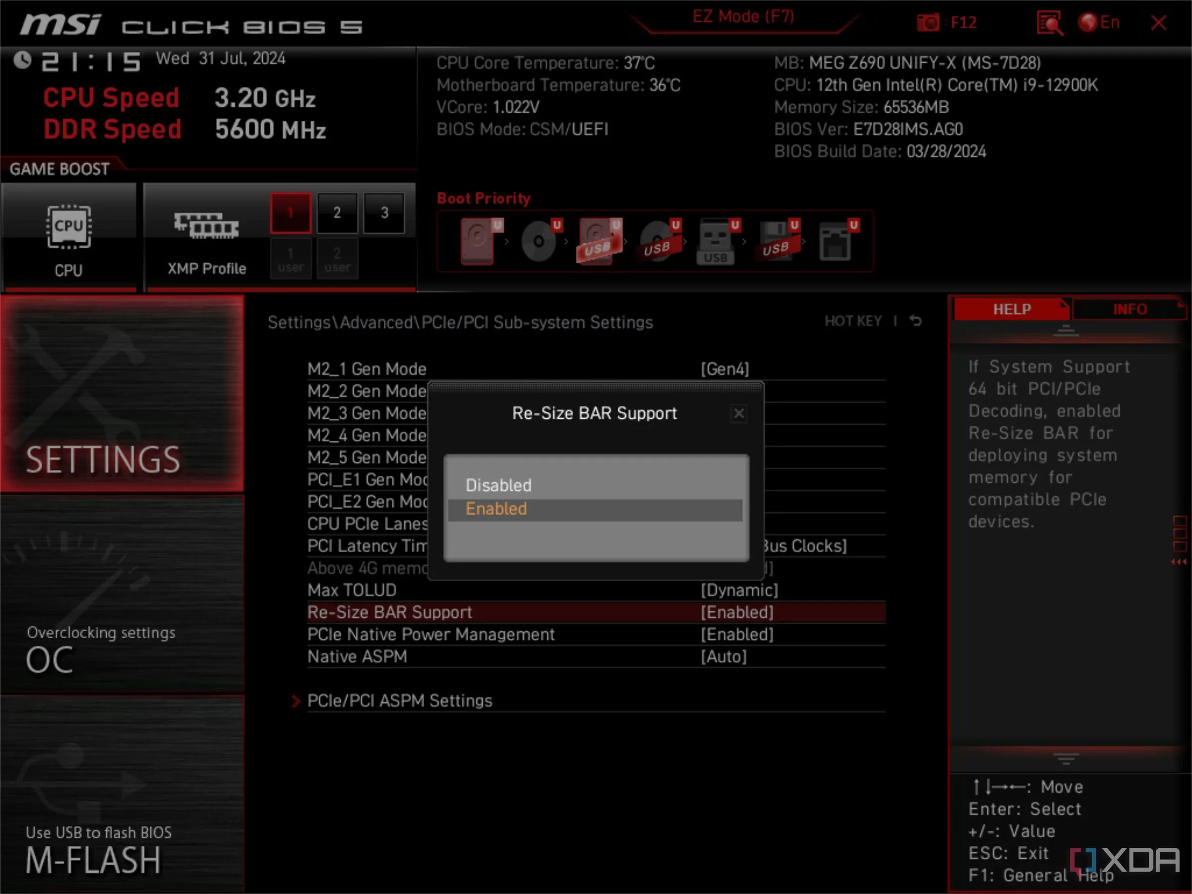 Giao diện BIOS MSI hiển thị tùy chọn Resizable BAR trong phần cài đặt CSM