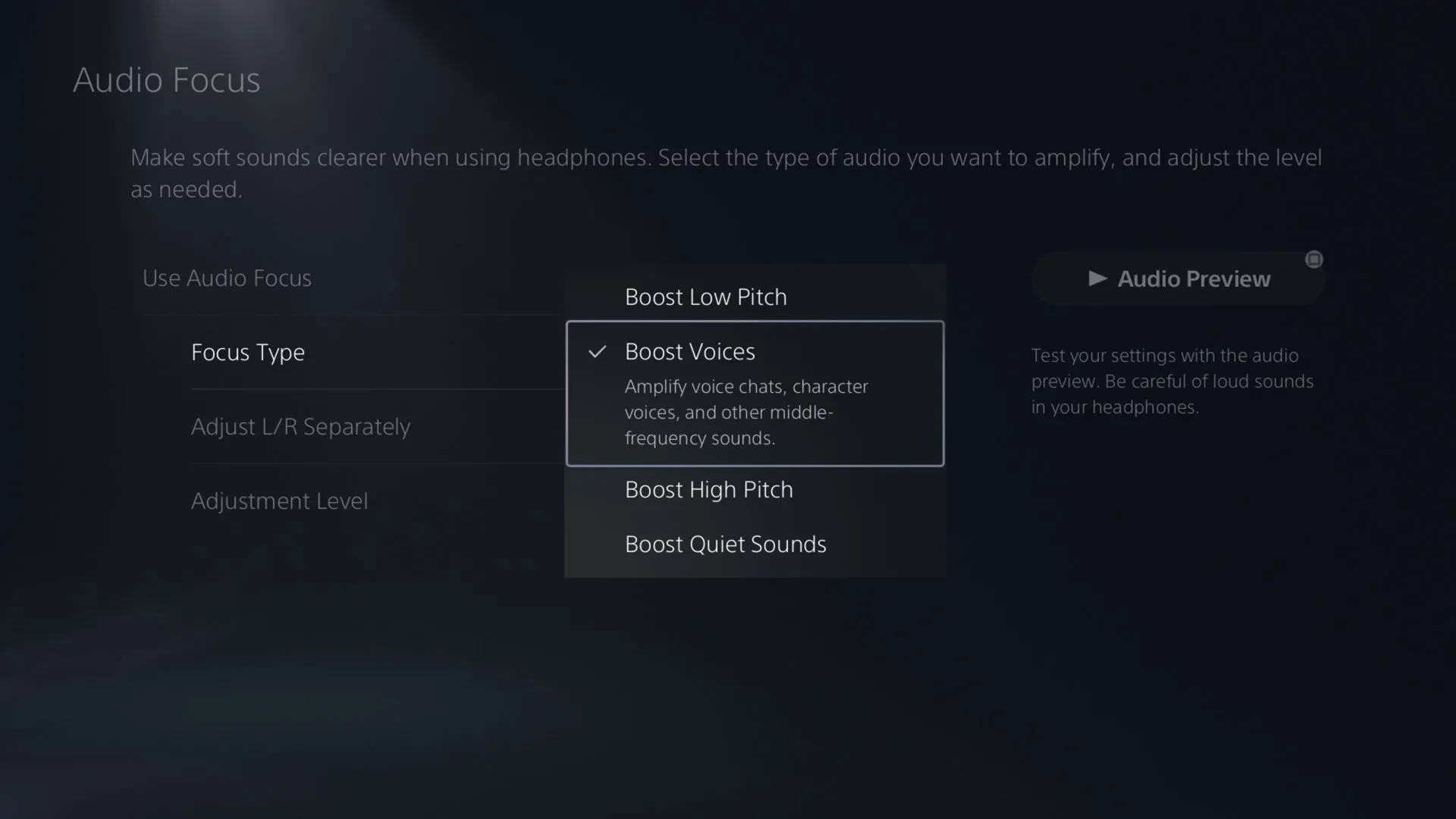 Giao diện cài đặt Audio Focus trên PlayStation 5 với các tùy chọn tăng cường âm thanh và mức độ tùy chỉnh