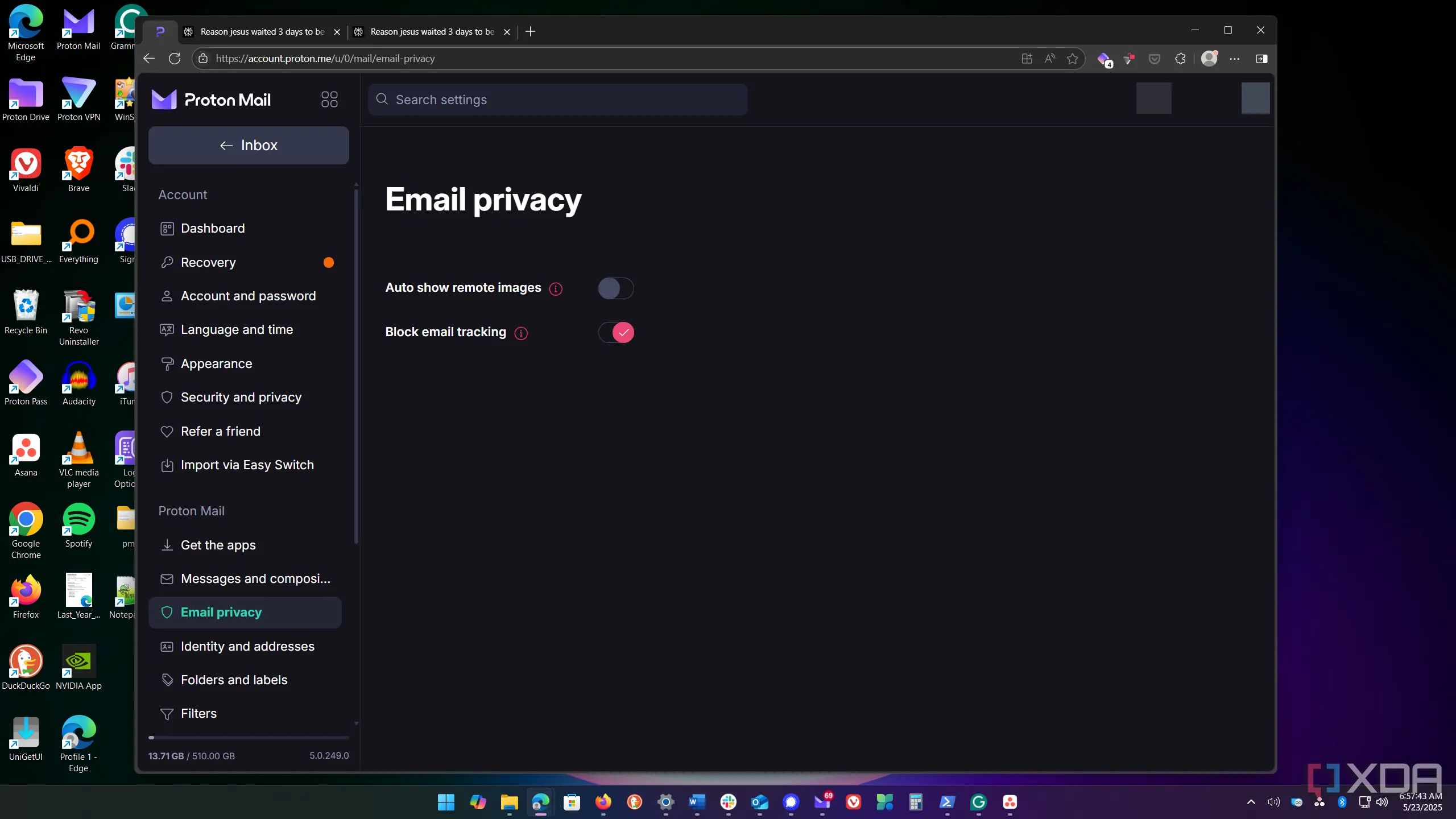 Giao diện cài đặt chặn theo dõi email trong Proton Mail, hiển thị tùy chọn 'Block email tracking'
