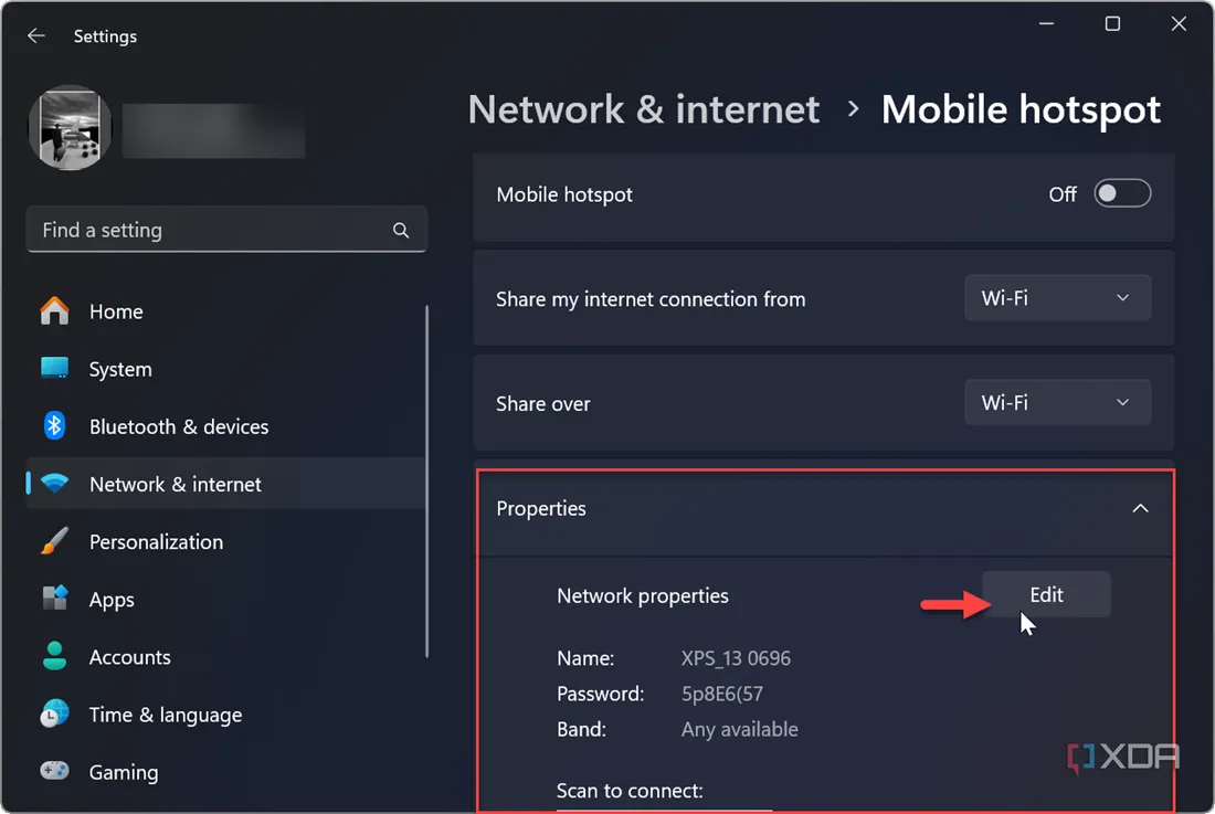 Giao diện cài đặt điểm truy cập di động trên Windows 11, hiển thị nút &quot;Chỉnh sửa&quot; thuộc tính