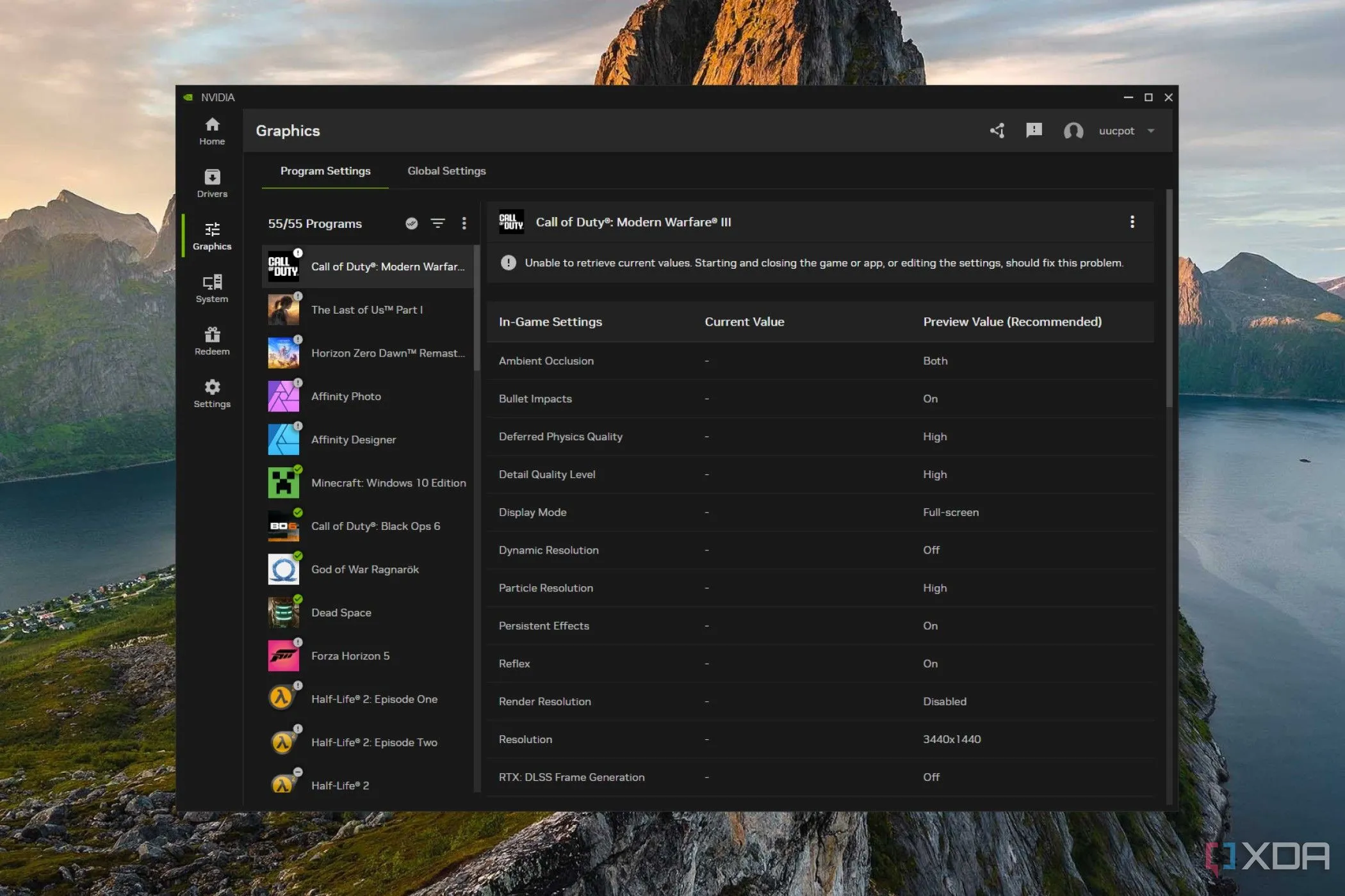 Giao diện cài đặt đồ họa chương trình trong ứng dụng Nvidia mới, nơi quản lý các tùy chỉnh DLSS và hiệu năng