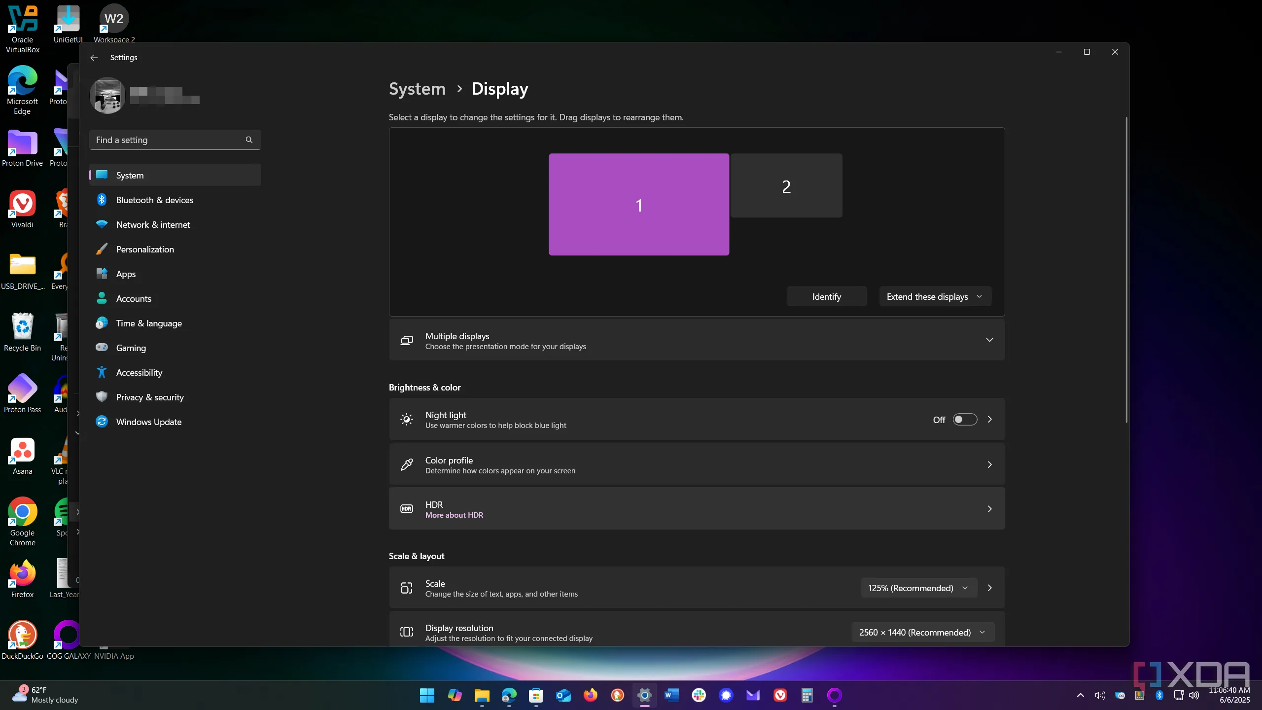 Giao diện cài đặt HDR trong Windows 11, cho phép bật hoặc tắt chế độ HDR cho màn hình