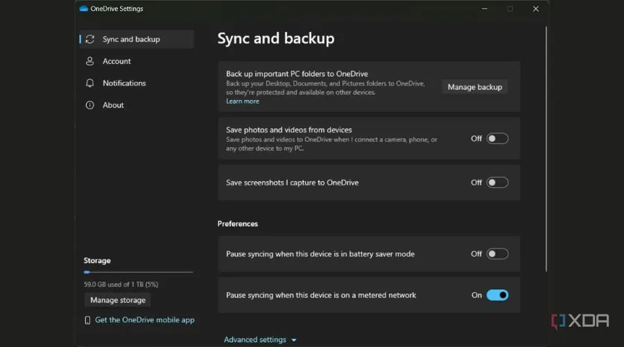 Giao diện cài đặt OneDrive trên Windows thể hiện tùy chọn đồng bộ hóa