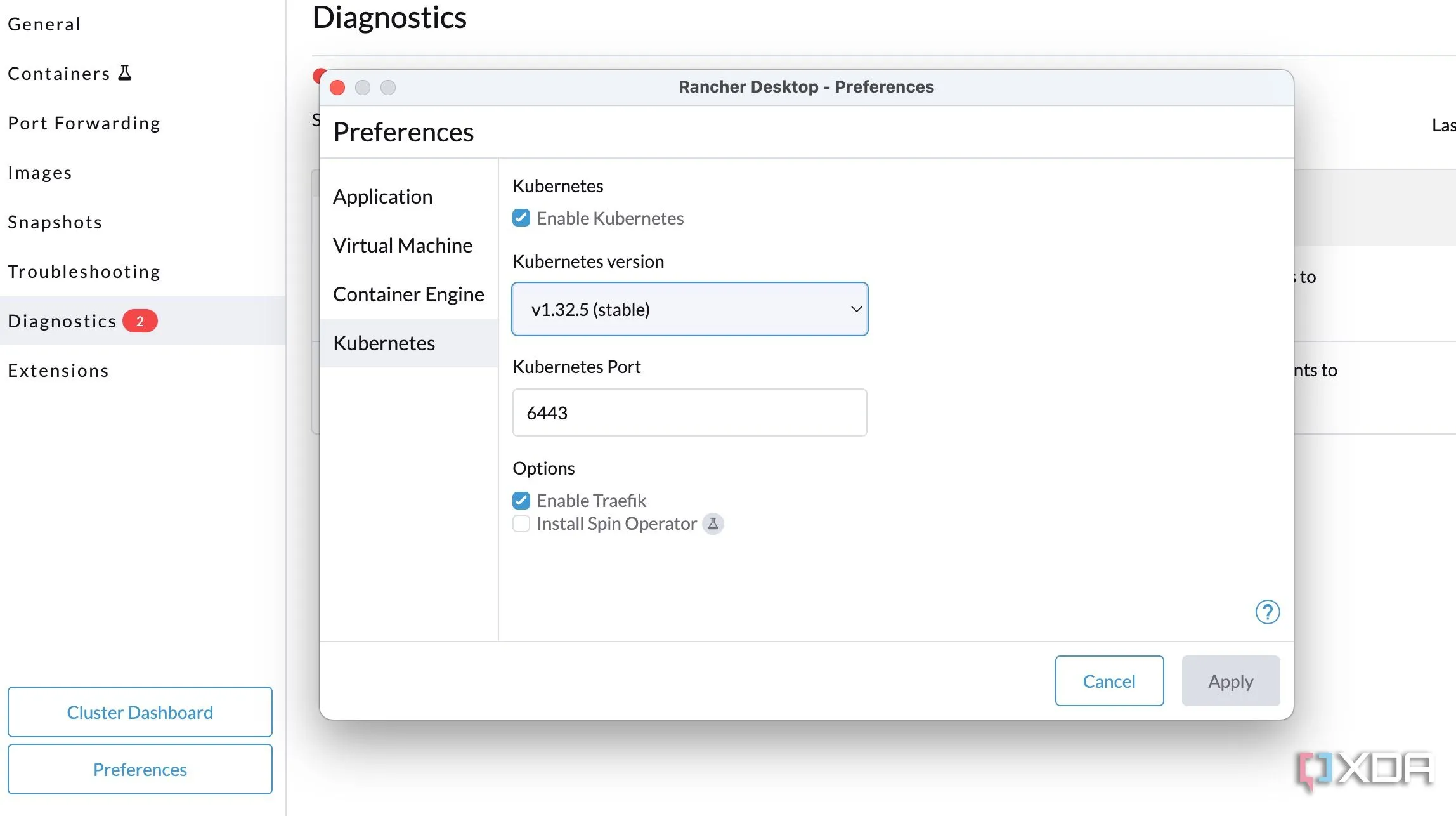 Giao diện cài đặt Rancher Desktop cho phép chọn và chuyển đổi phiên bản Kubernetes
