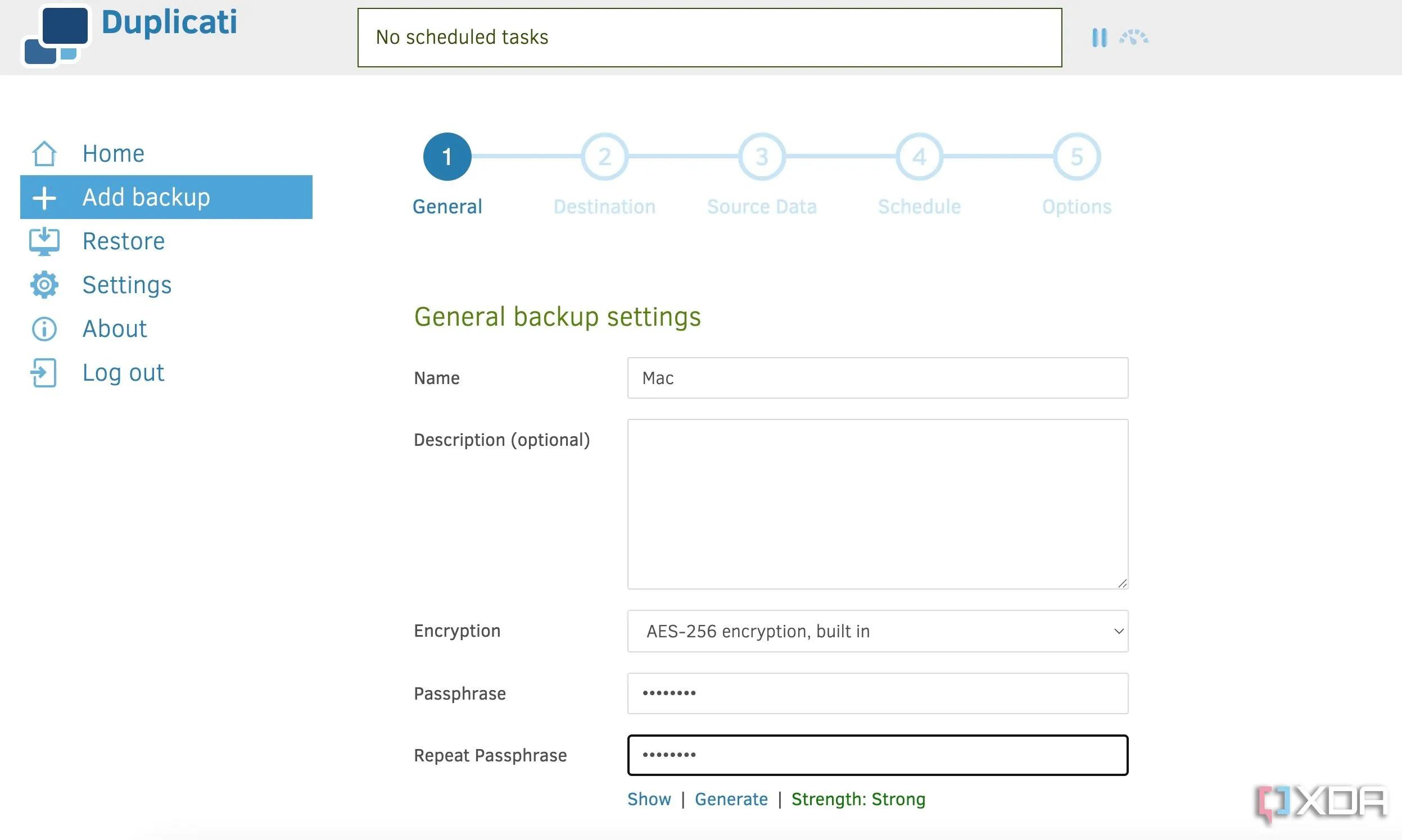 Giao diện cài đặt sao lưu của Duplicati trên nền web, thể hiện tính đa nền tảng và dễ sử dụng