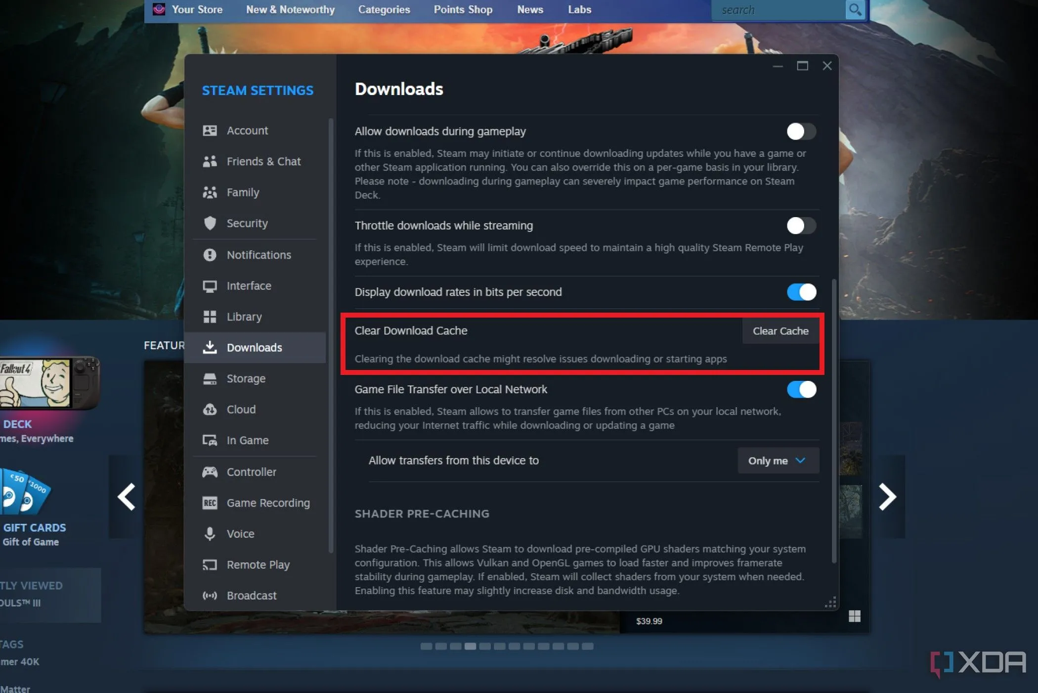 Giao diện cài đặt Tải xuống của Steam, hiển thị rõ tùy chọn &quot;Xóa Bộ nhớ đệm Tải xuống&quot; để khắc phục lỗi tải game.