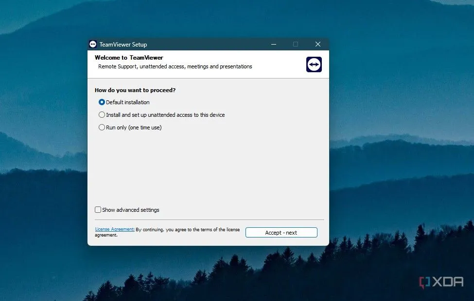 Giao diện cài đặt TeamViewer với các tùy chọn cài đặt mặc định