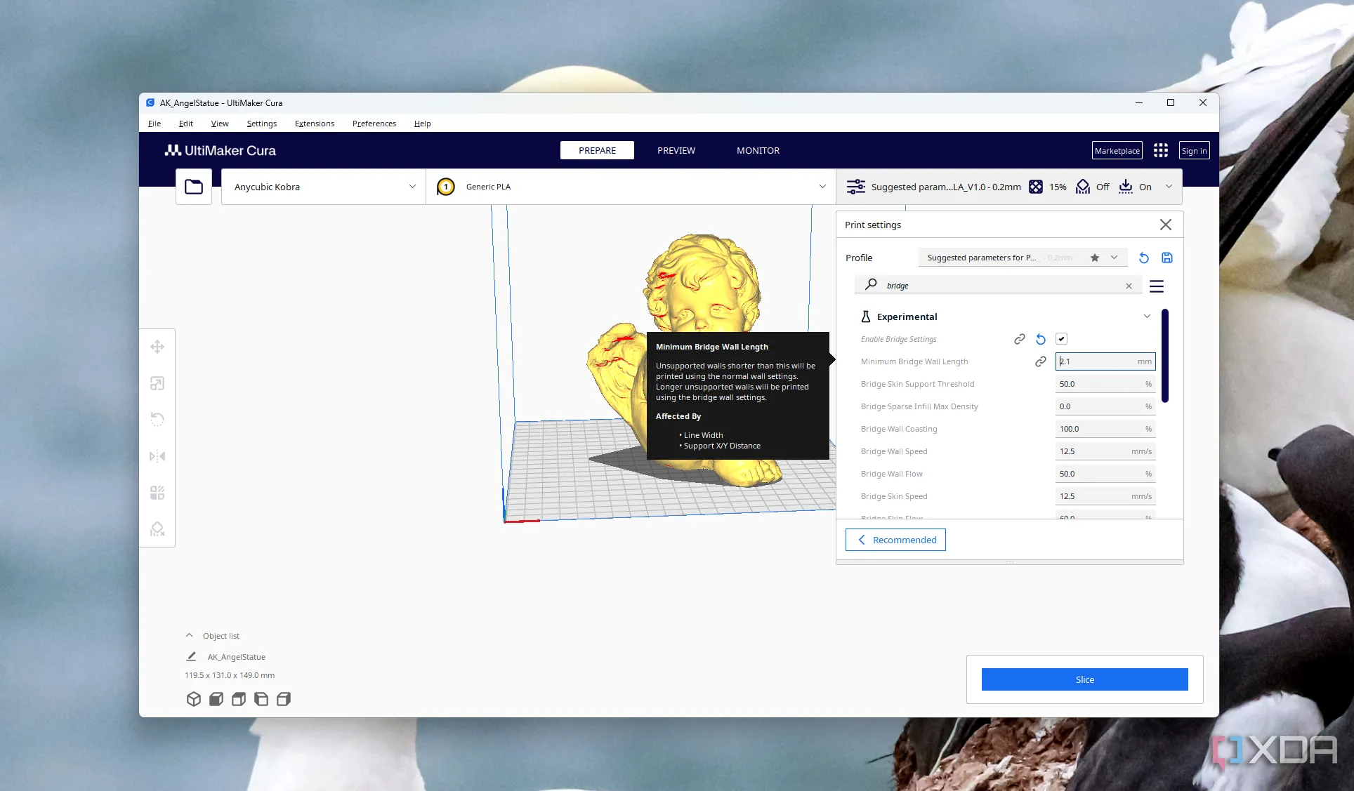 Giao diện cài đặt thông số Minimum bridge wall (chiều dài tường cầu tối thiểu) trong phần mềm slicer Cura