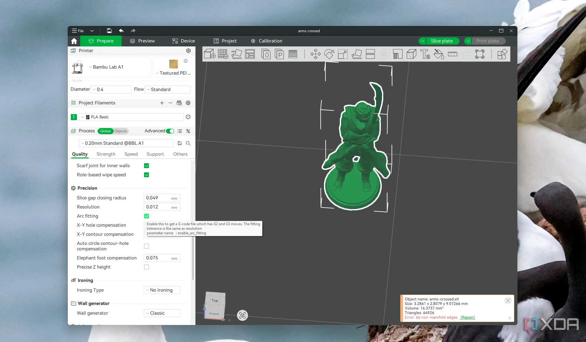 Giao diện cài đặt tính năng Arc fitting trong phần mềm Bambu Studio giúp tối ưu in 3D các chi tiết cong