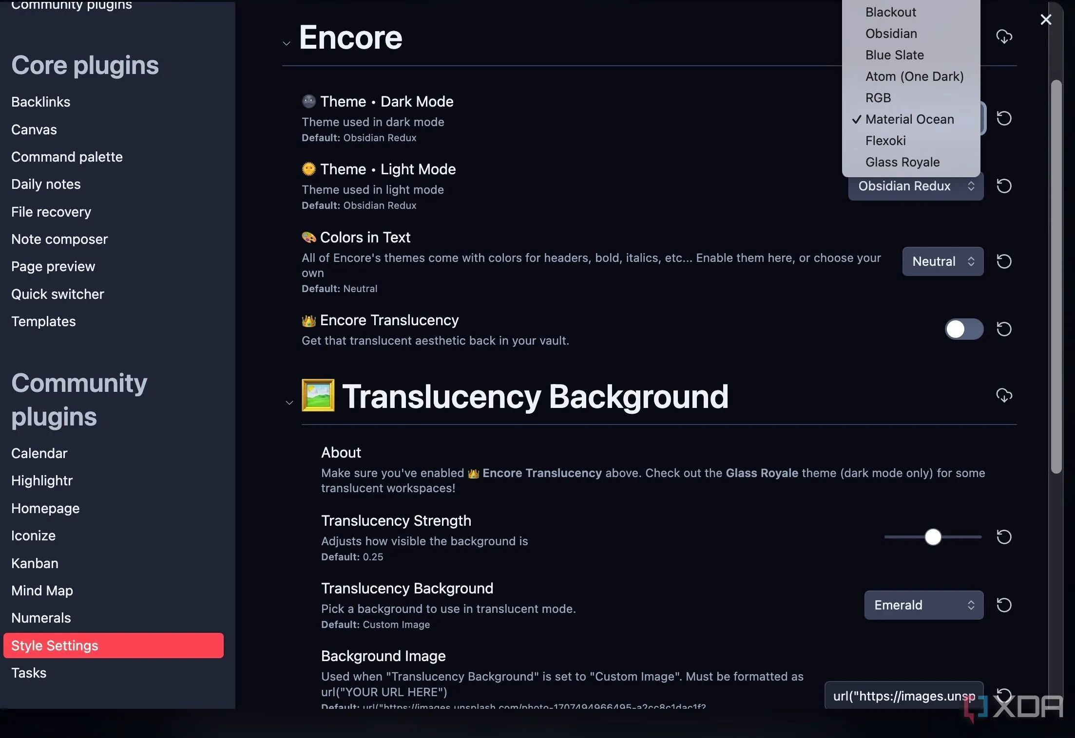 Giao diện cài đặt tùy chỉnh của theme Encore trong Obsidian sử dụng Style Settings