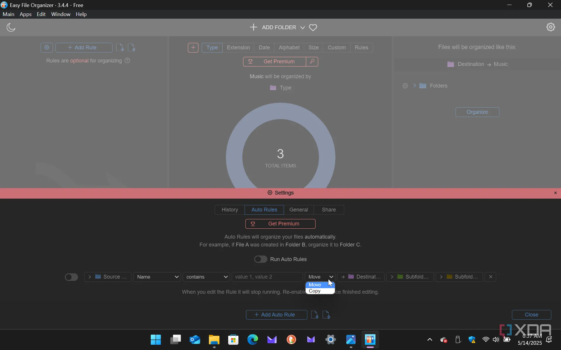 Giao diện cài đặt và tùy chỉnh của phần mềm Easy File Organizer trên hệ điều hành Windows 11
