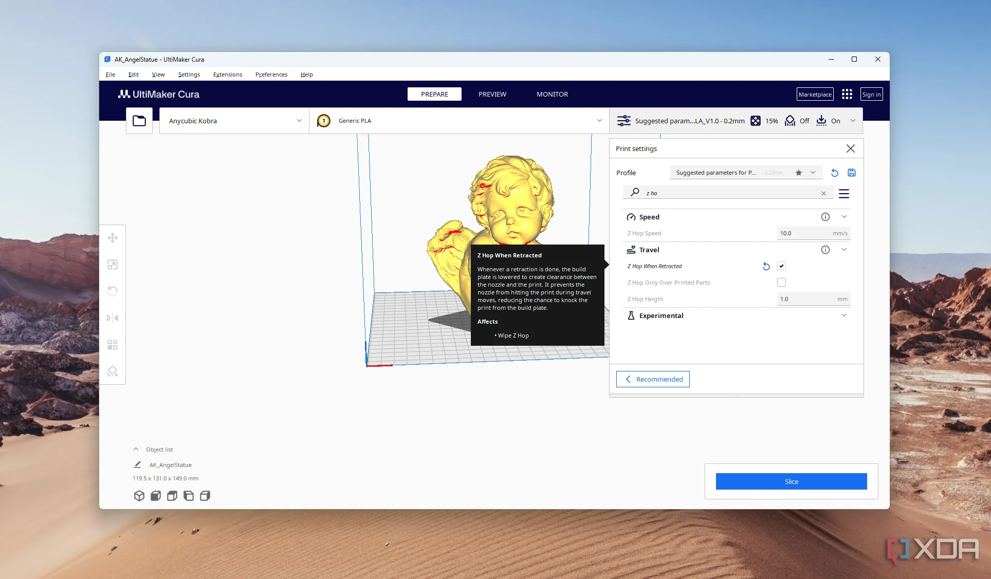 Giao diện cài đặt Z hop when retracted trong phần mềm slicer Cura