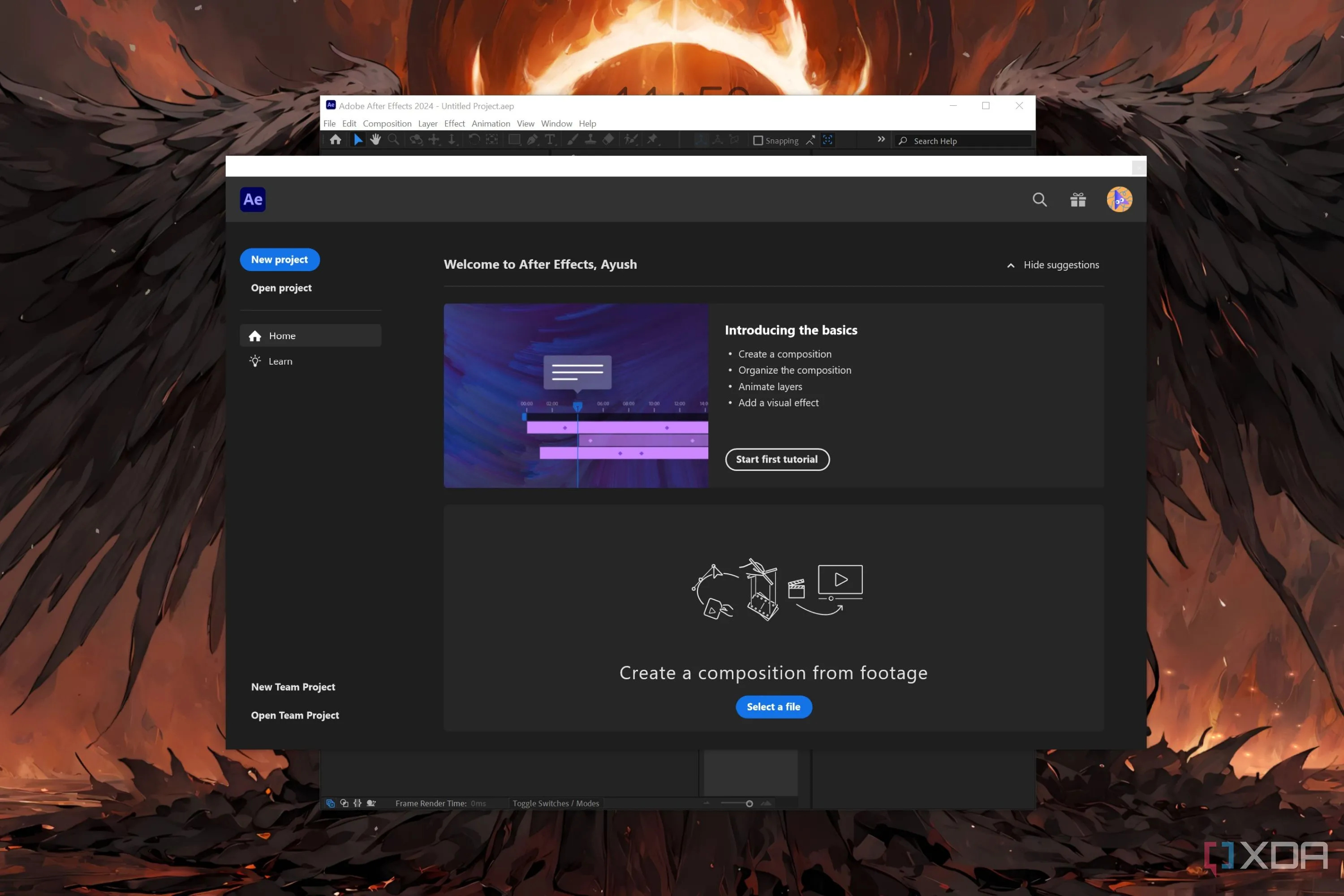 Giao diện chính của ứng dụng Adobe After Effects trên máy tính, hiển thị không gian làm việc chuyên nghiệp cho đồ họa chuyển động 2D và hiệu ứng hình ảnh.