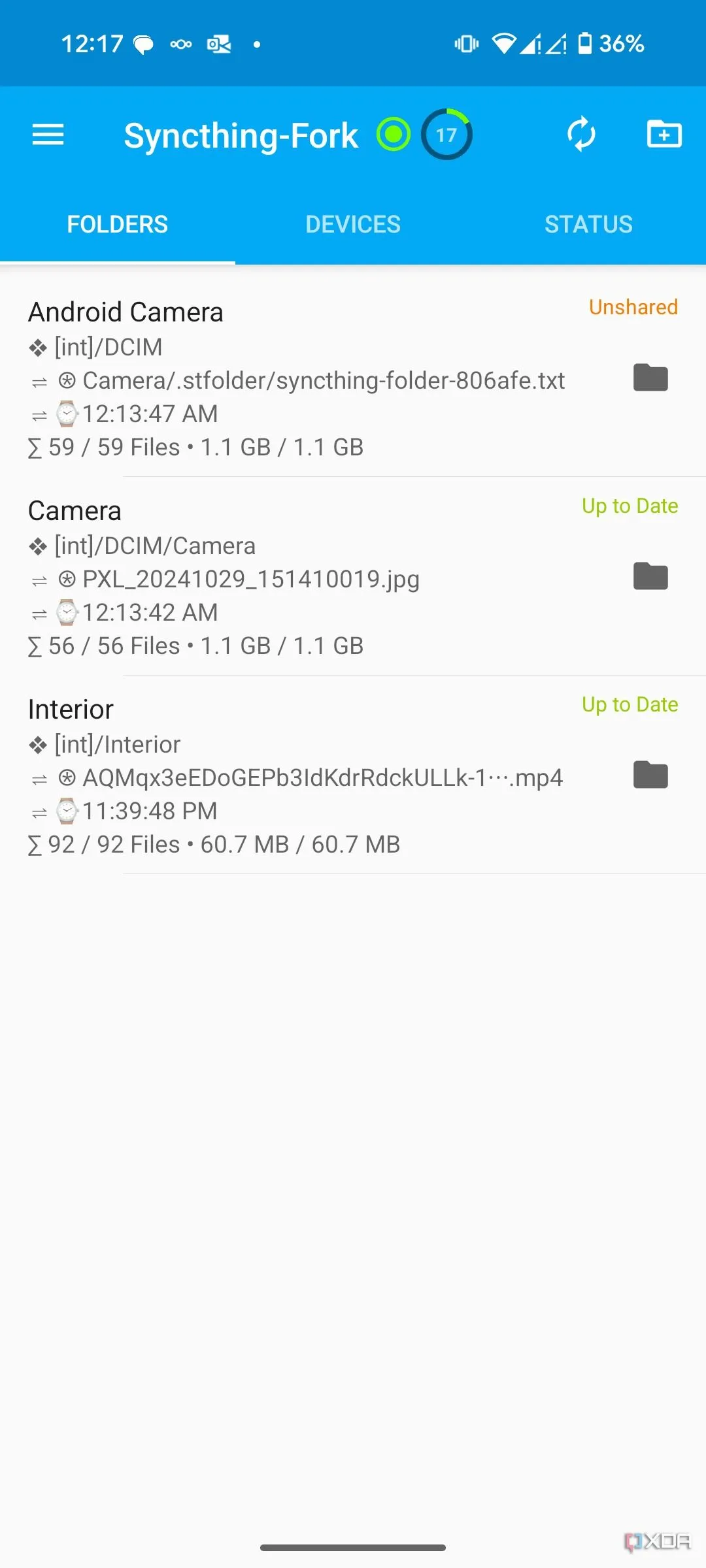 Giao diện chính của ứng dụng Syncthing trên Android, minh họa các thư mục đang đồng bộ