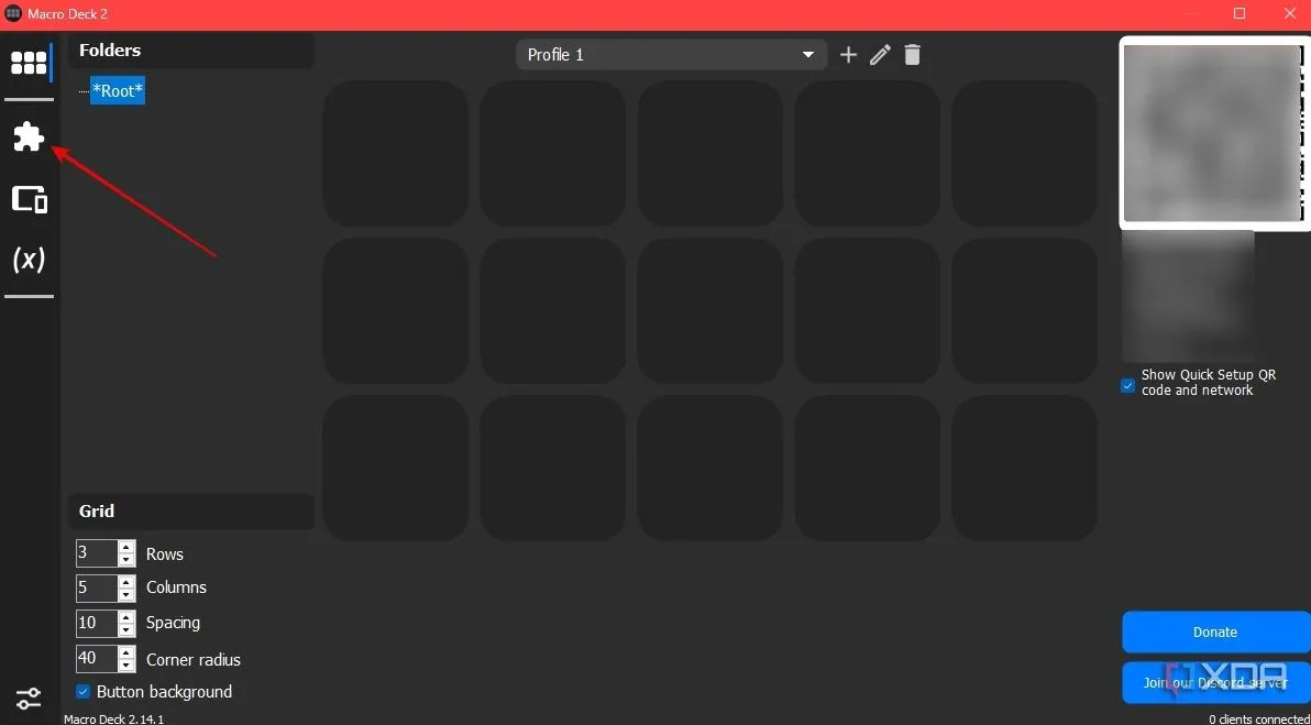 Giao diện chính Macro Deck hiển thị các nút và khu vực quản lý plugin