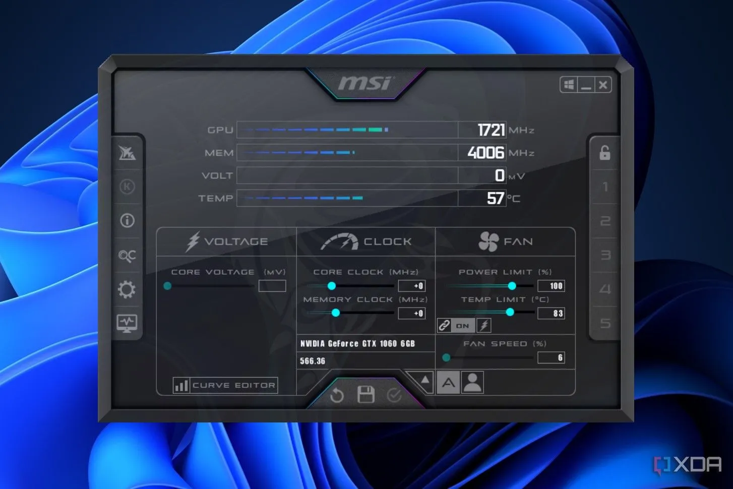 Giao diện chính phần mềm MSI Afterburner để ép xung GPU