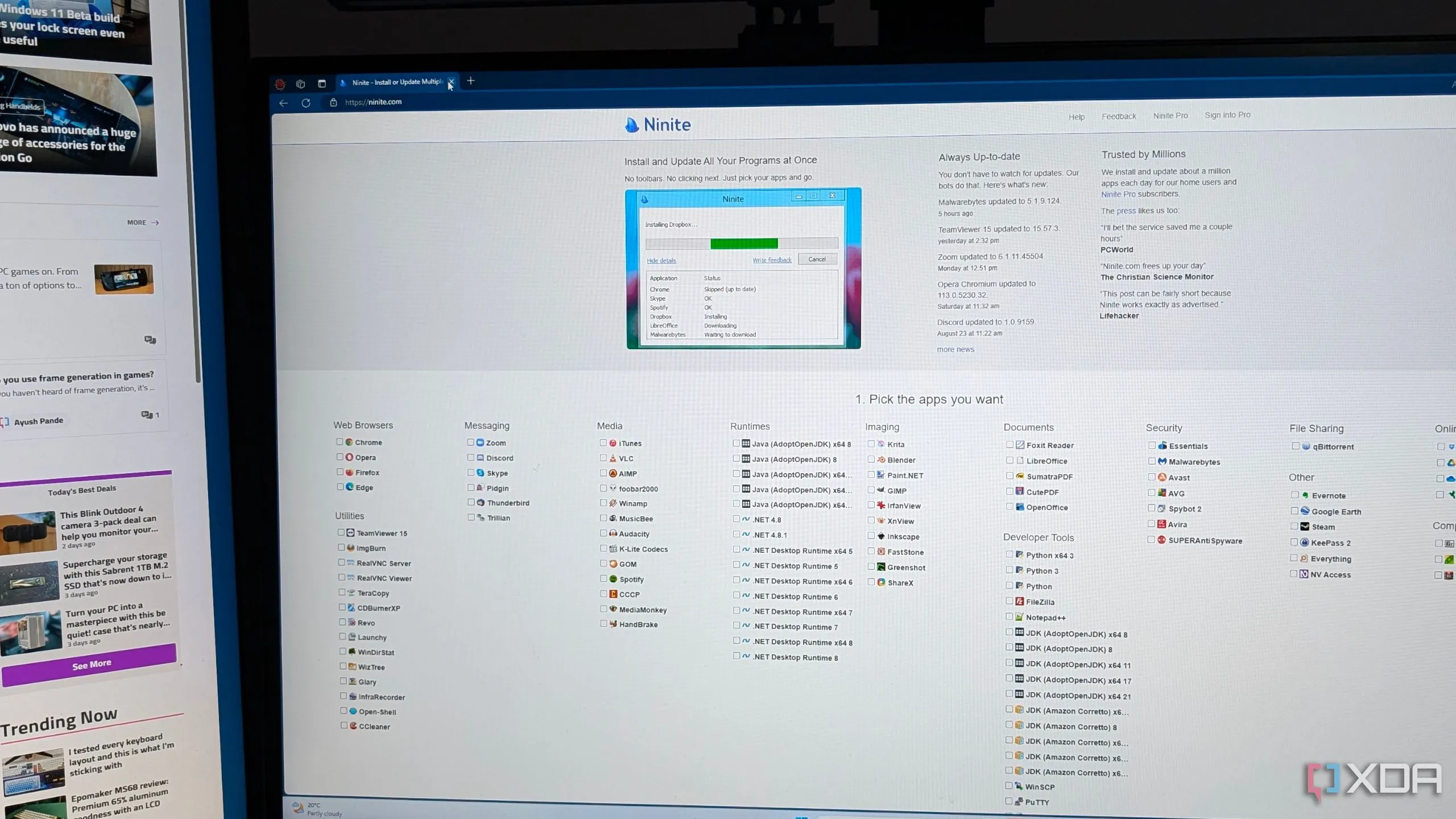 Giao diện chính trang web Ninite.com, nơi người dùng chọn các ứng dụng cần cài đặt
