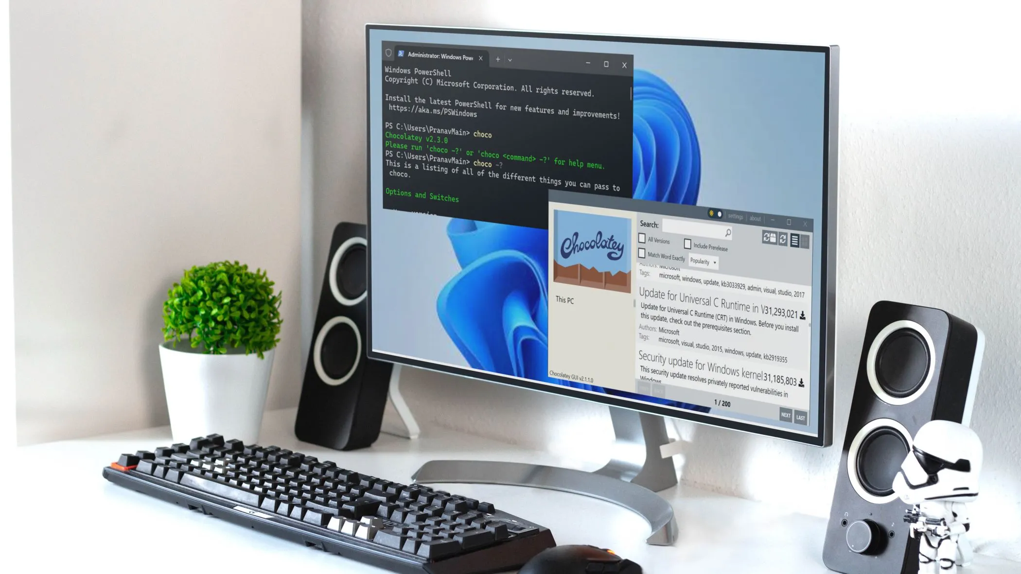Giao diện Chocolatey GUI và cửa sổ Command Line trên màn hình máy tính Windows, minh họa công cụ quản lý gói phần mềm hiệu quả.