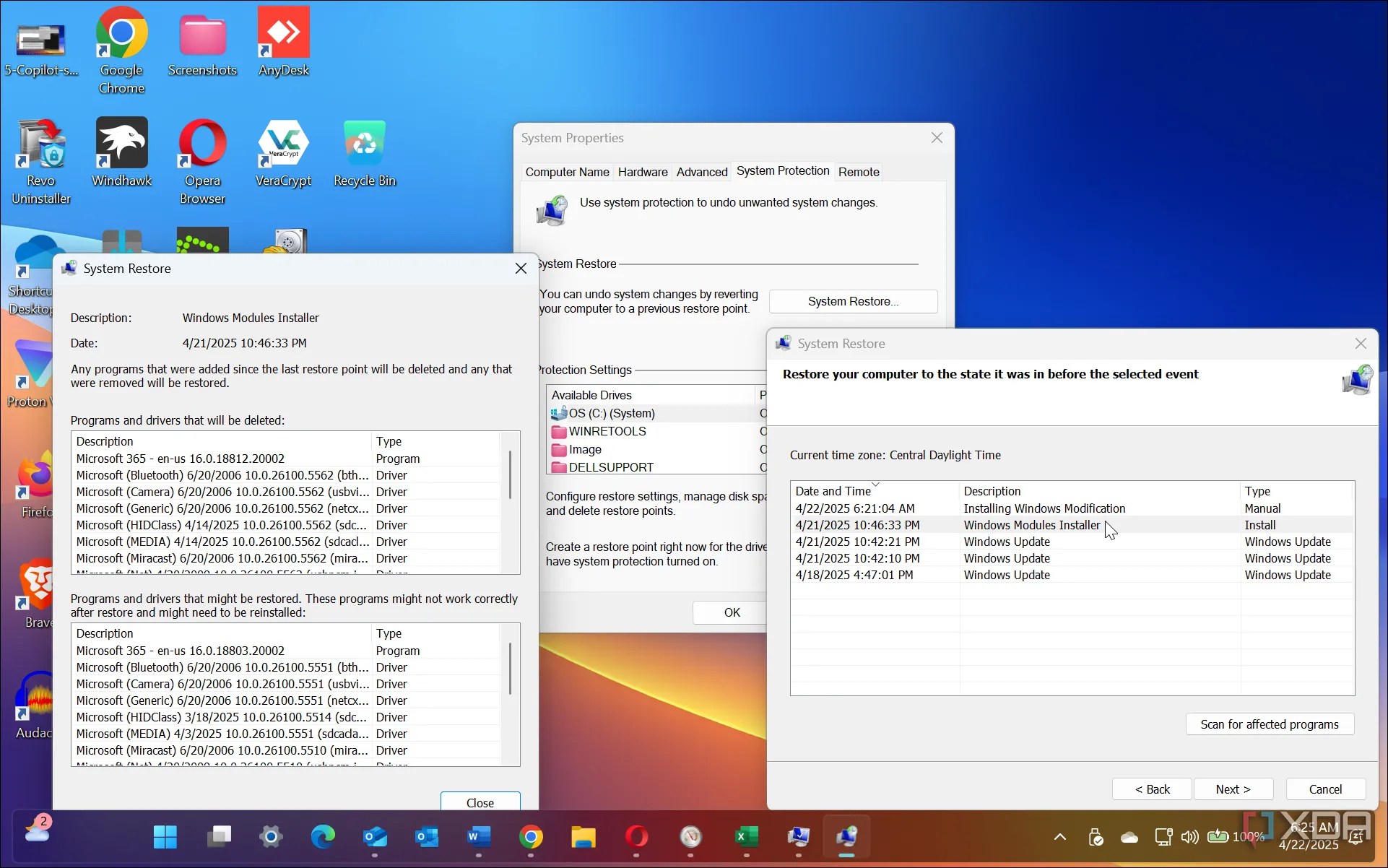Giao diện chọn điểm khôi phục hệ thống trên Windows 11, một bước quan trọng để đảm bảo an toàn trước khi nâng cấp