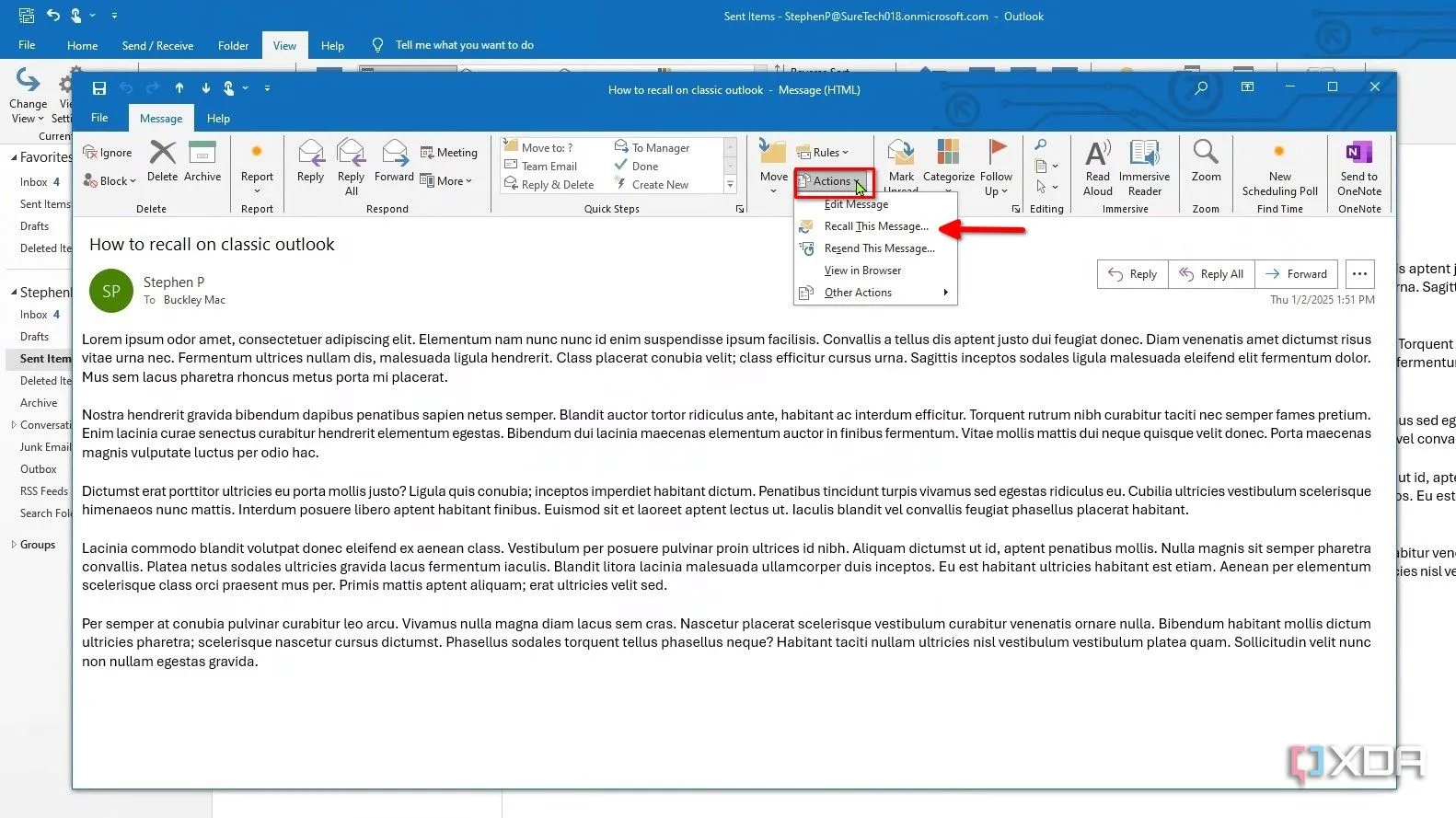 Giao diện Classic Ribbon của Outlook, chọn tab Thư sau đó menu Hành động và Thu hồi Thư này