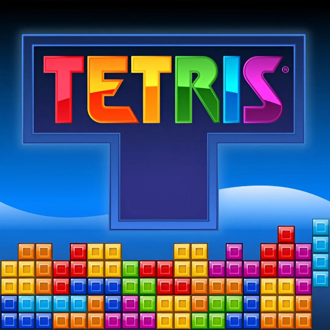 Giao diện cổ điển của trò chơi Tetris, minh họa những khối gạch huyền thoại đang rơi xuống.