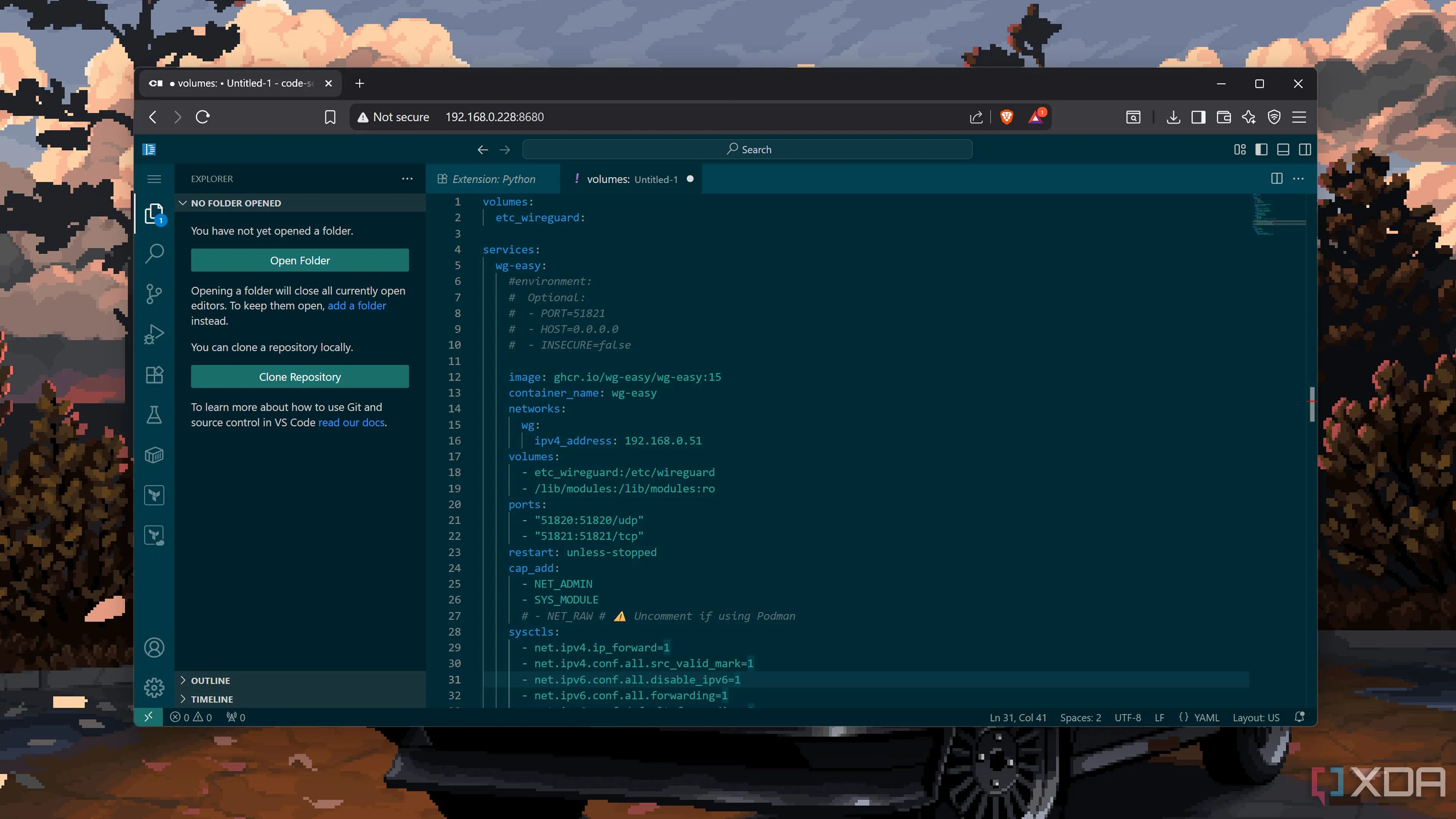 Giao diện Code-Server đang tạo file Docker Compose, minh họa khả năng phát triển trên nền web.