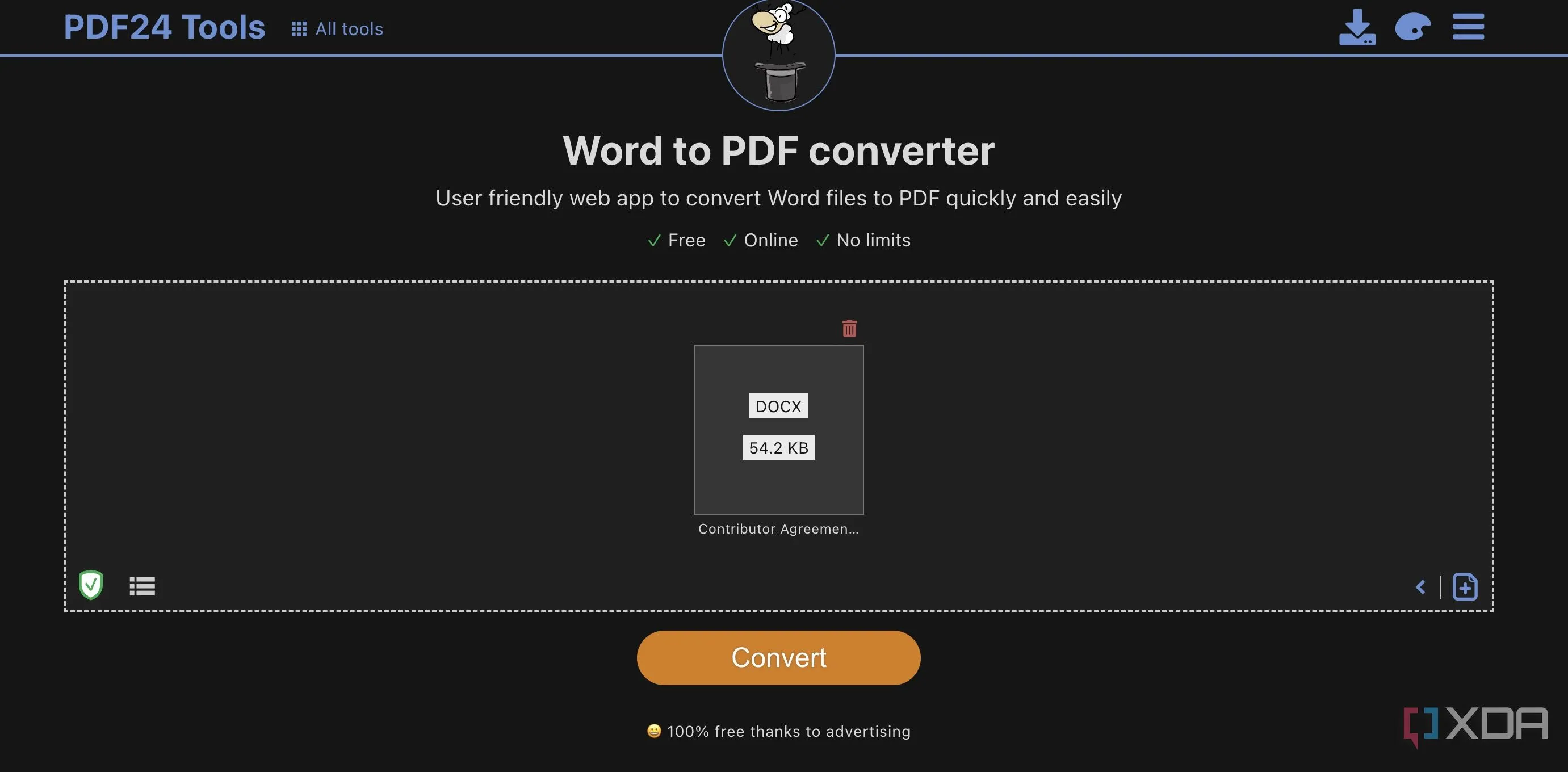 Giao diện công cụ chuyển đổi Word sang PDF của PDF24, minh họa sự tiện lợi và bảo mật khi xử lý tài liệu