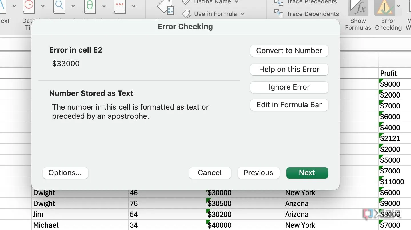 Giao diện công cụ Error Checking của Excel hiển thị các lỗi tiềm ẩn trong bảng tính của bạn