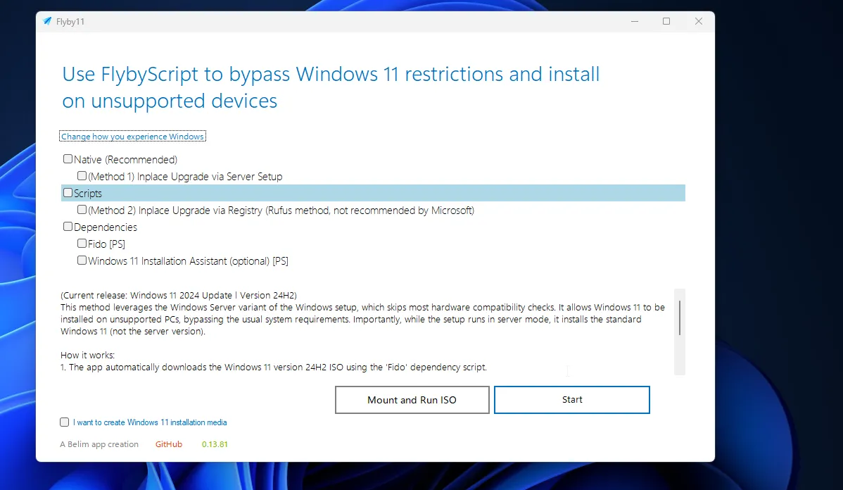 Giao diện công cụ Flyby11 giúp bỏ qua yêu cầu cài đặt Windows 11