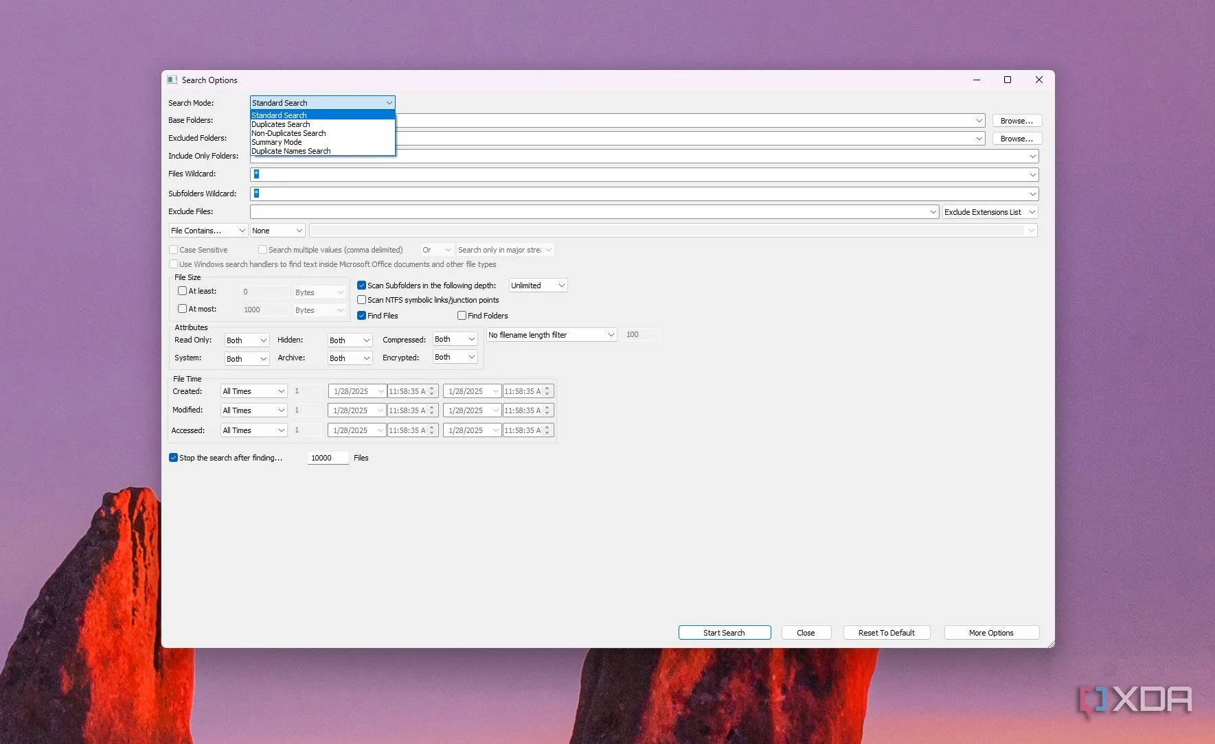 Giao diện của phần mềm SearchMyFiles hiển thị các bộ lọc nâng cao cho tìm kiếm