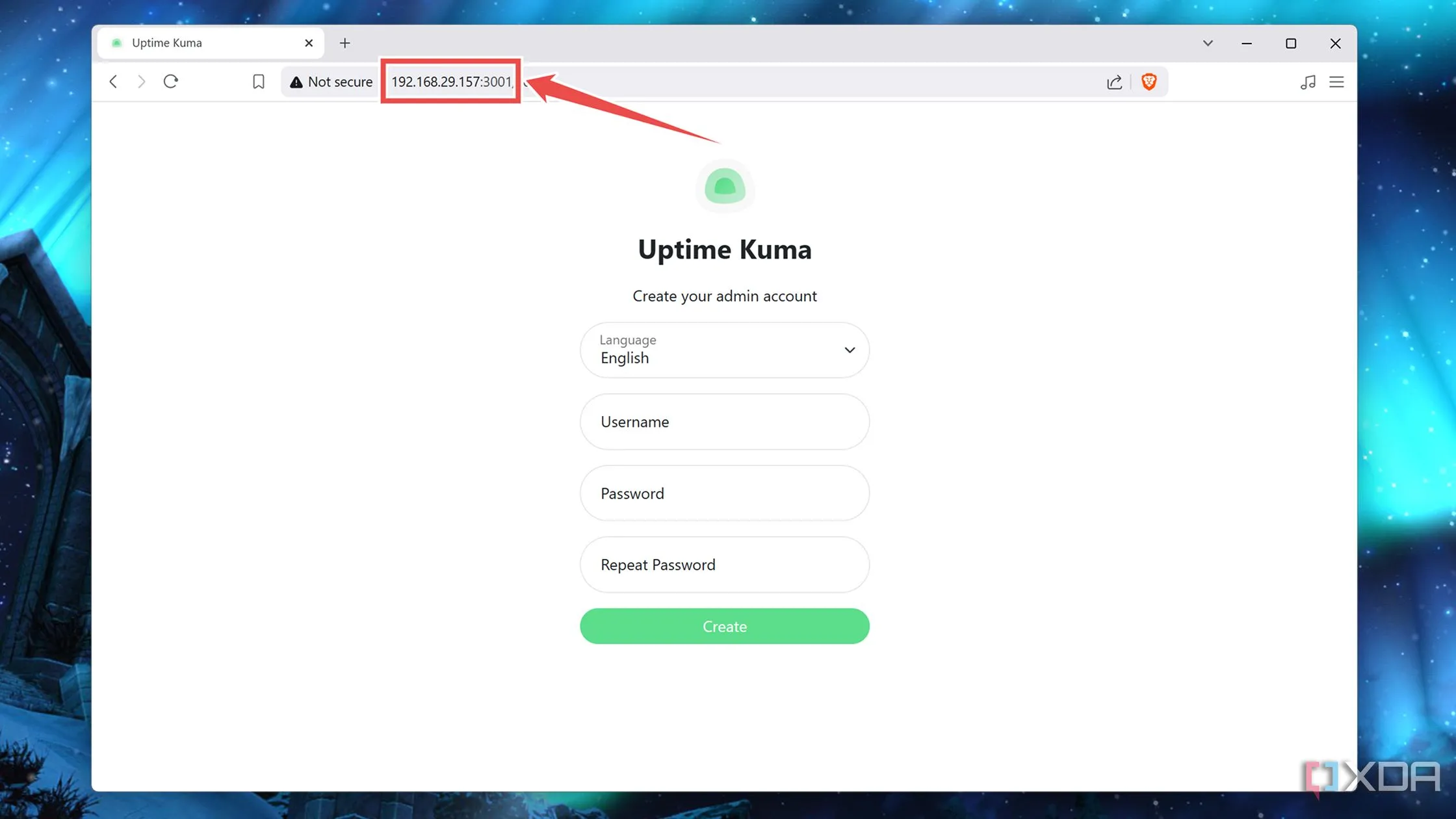 Giao diện đăng nhập của Uptime Kuma hiển thị địa chỉ IP của máy chủ host