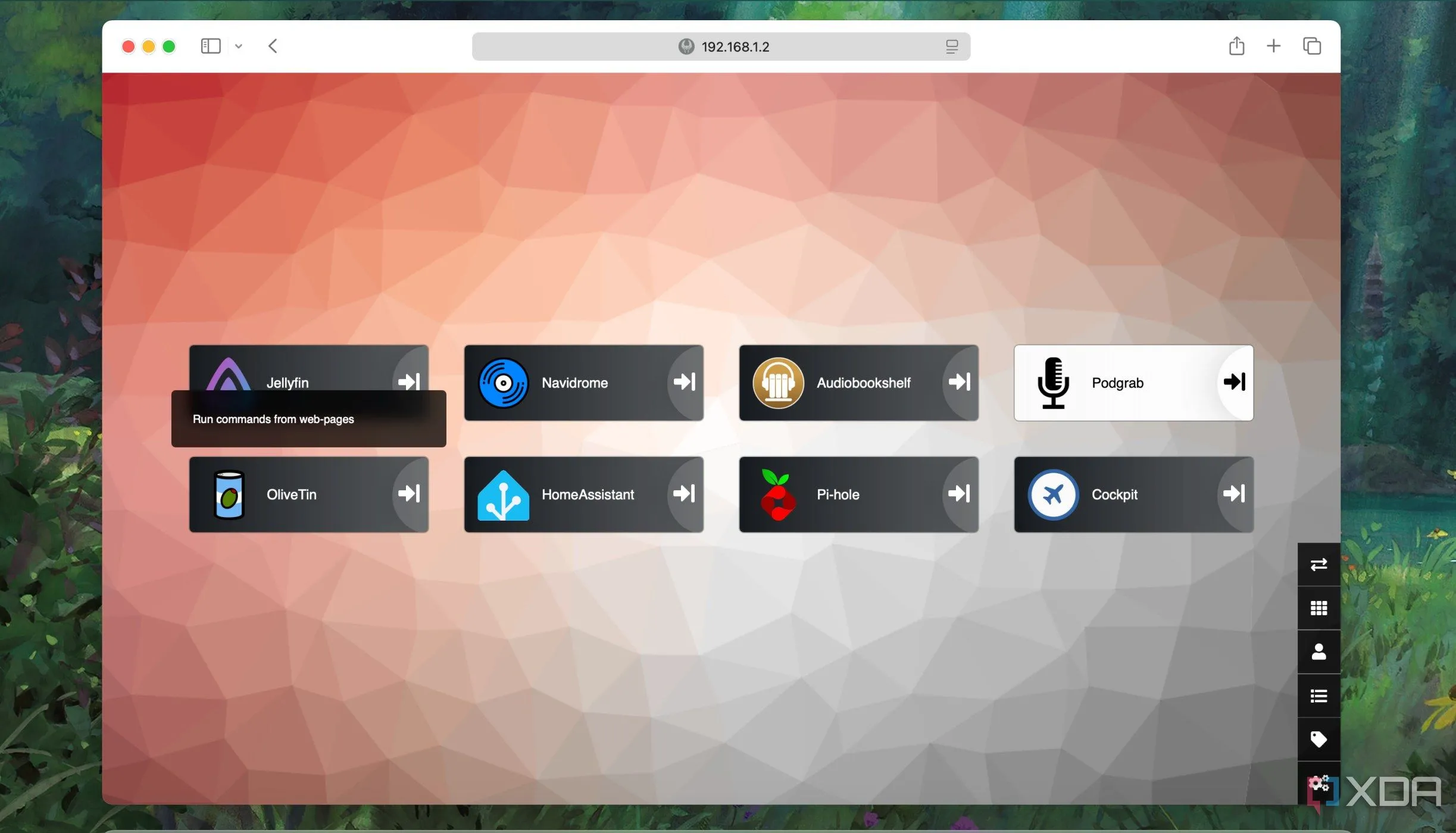 Giao diện dashboard của OliveTin tích hợp trong Heimdall, hiển thị các nút lệnh trực quan để quản lý ứng dụng.